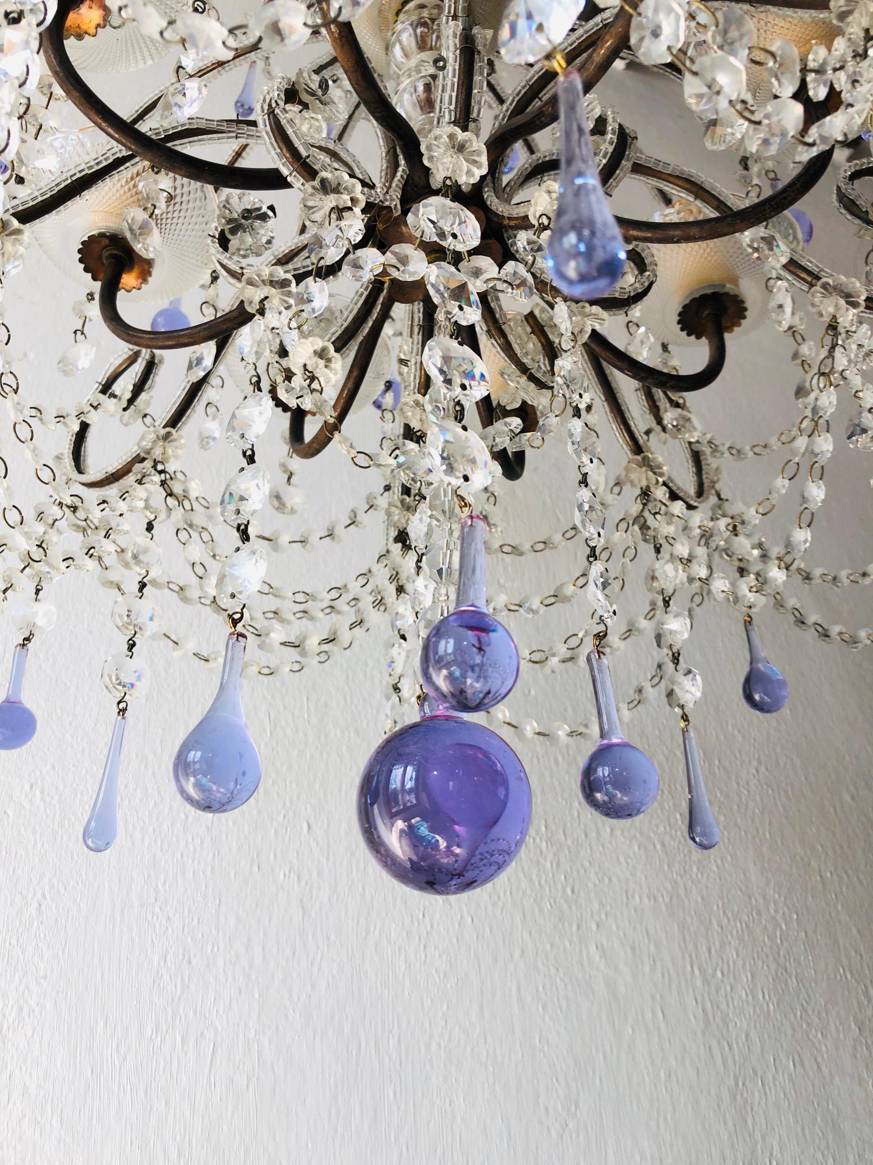 Huge French Murano Lavender Drops and Crystal Swags Chandelier, circa 1920 9