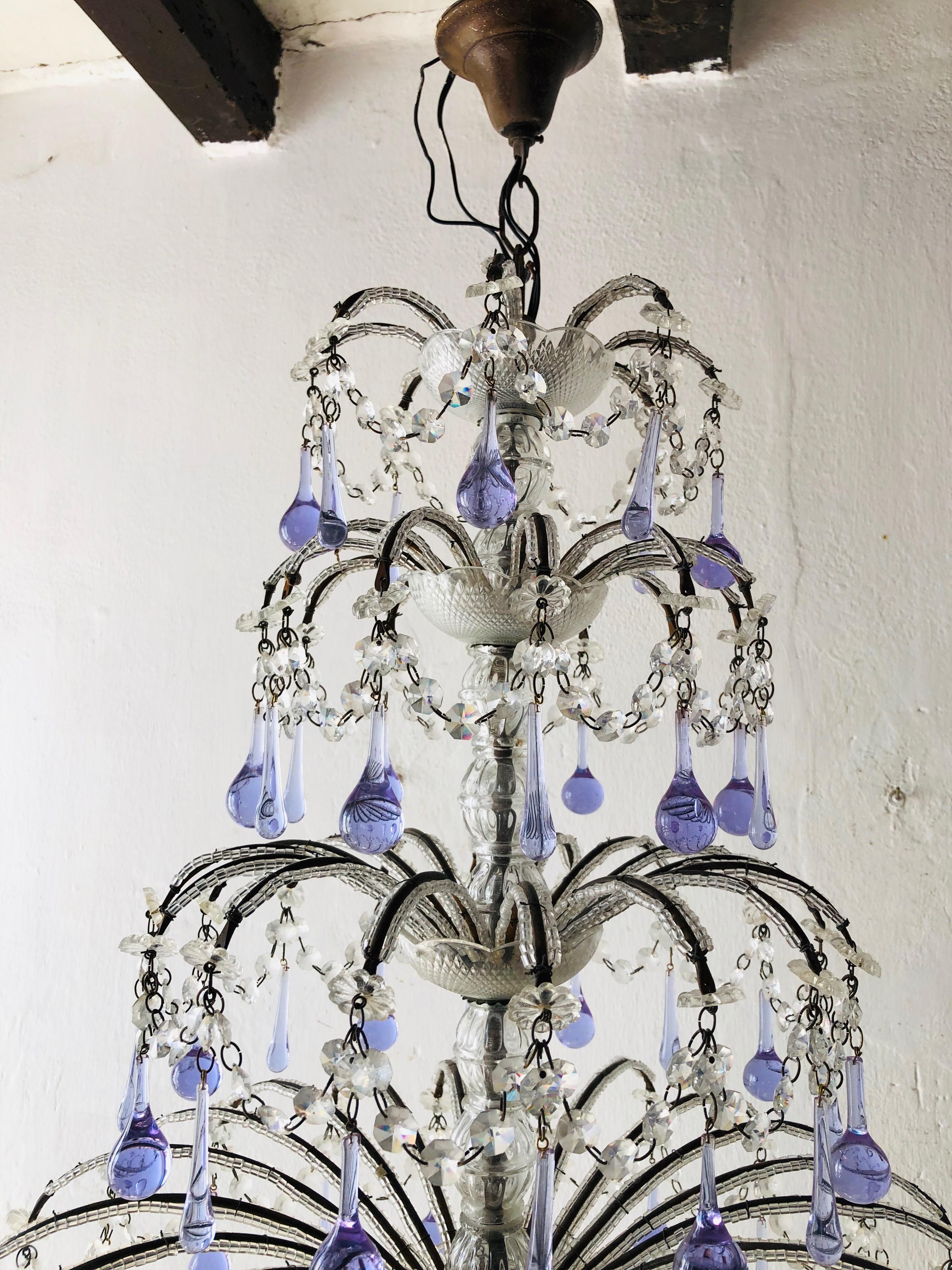 Huge French Murano Lavender Drops and Crystal Swags Chandelier, circa 1920 In Good Condition In Modena (MO), Modena (Mo)