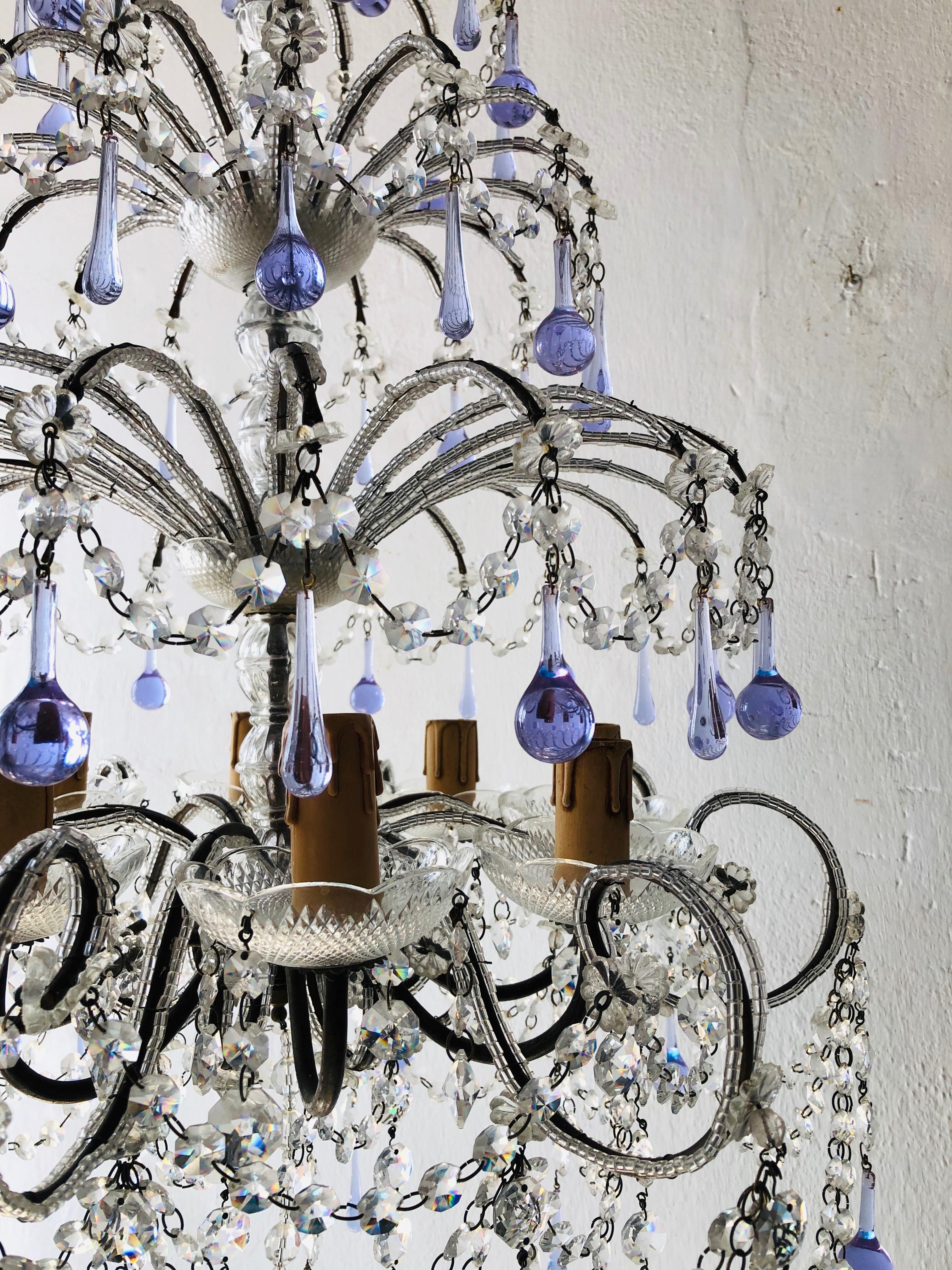 Early 20th Century Huge French Murano Lavender Drops and Crystal Swags Chandelier, circa 1920