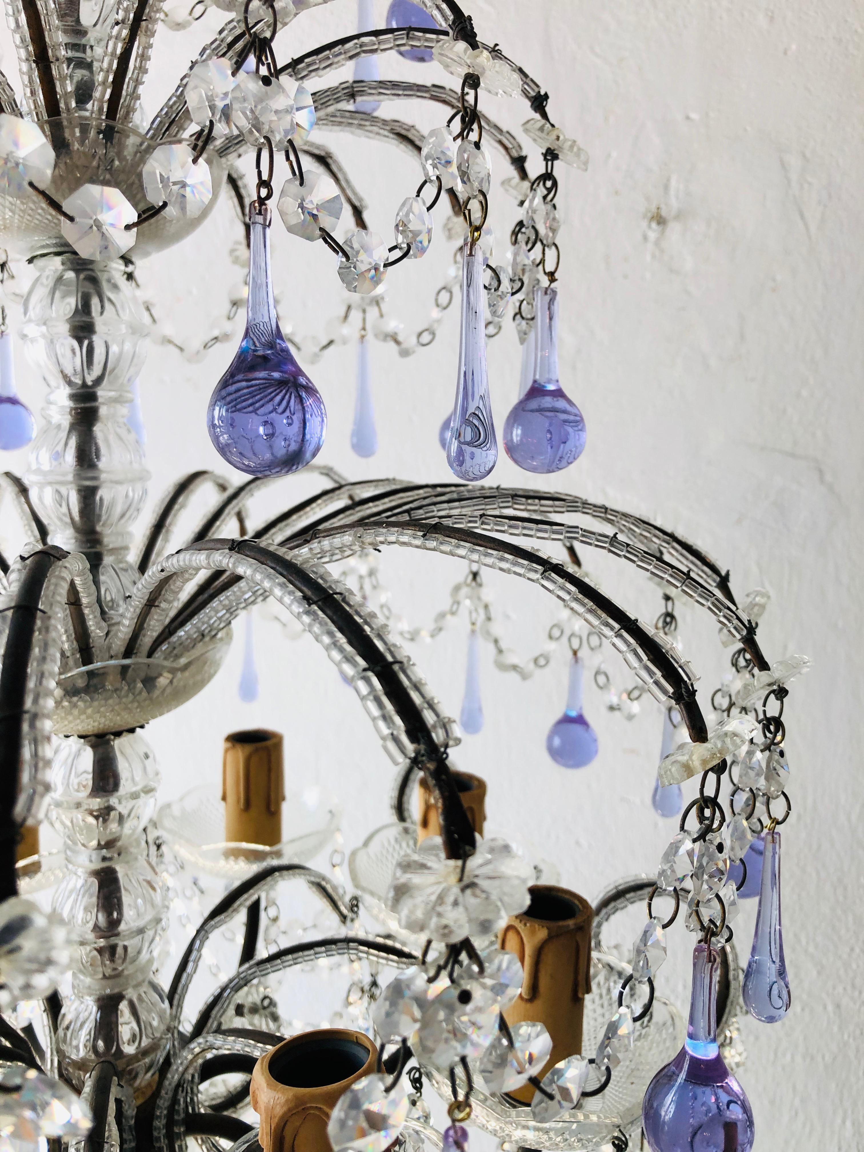 Huge French Murano Lavender Drops and Crystal Swags Chandelier, circa 1920 1