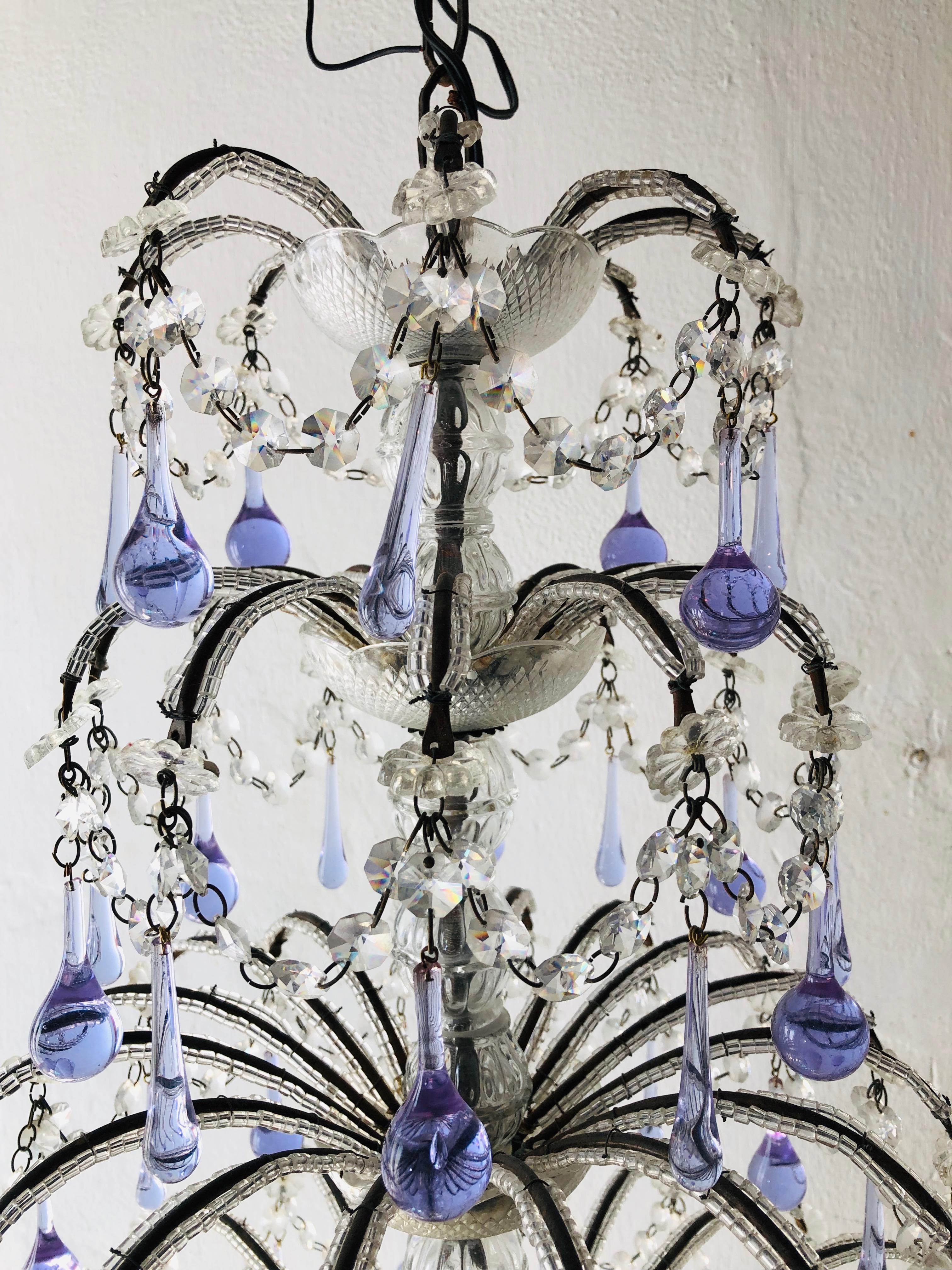 Huge French Murano Lavender Drops and Crystal Swags Chandelier, circa 1920 2