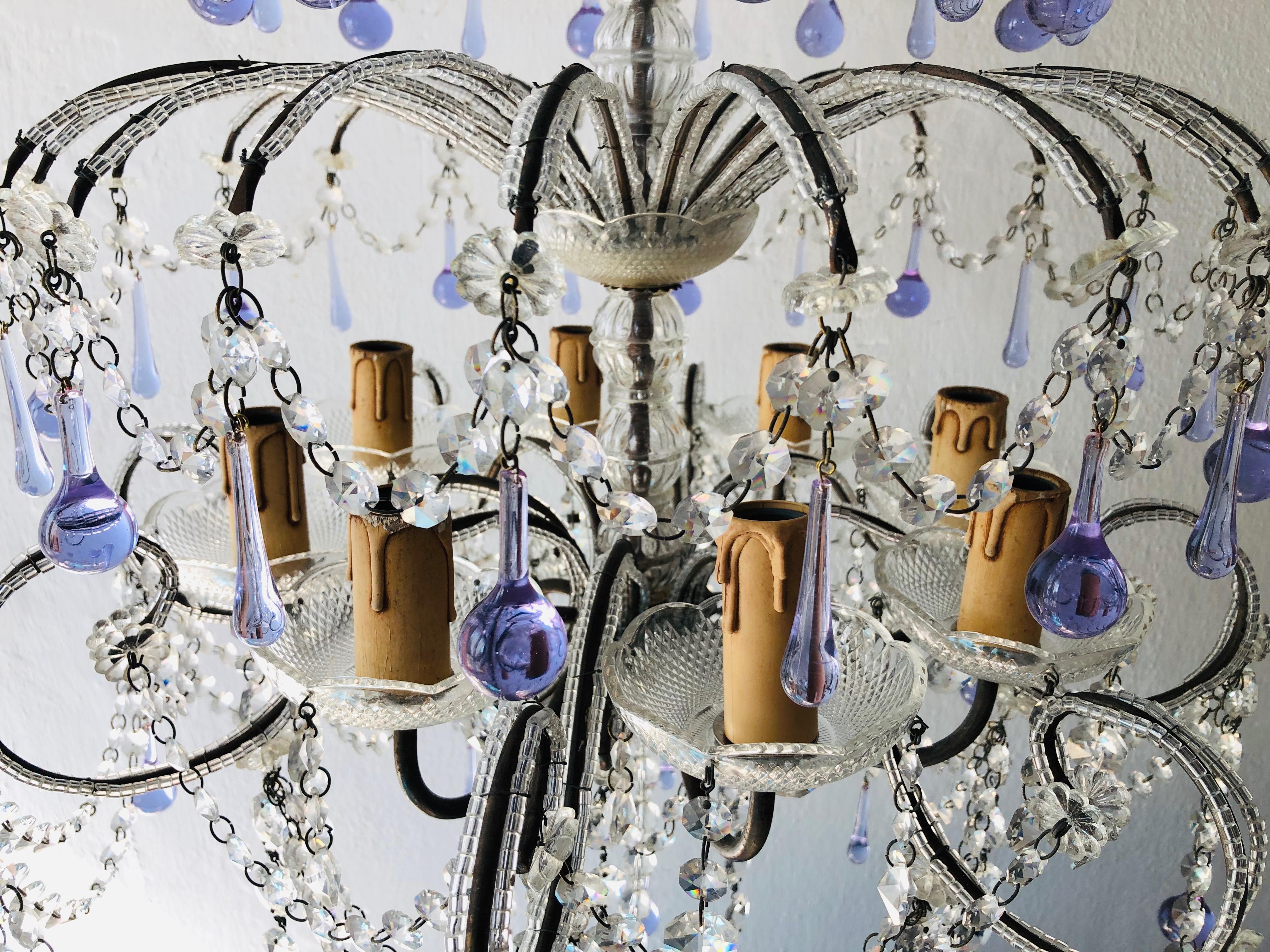 Huge French Murano Lavender Drops and Crystal Swags Chandelier, circa 1920 3