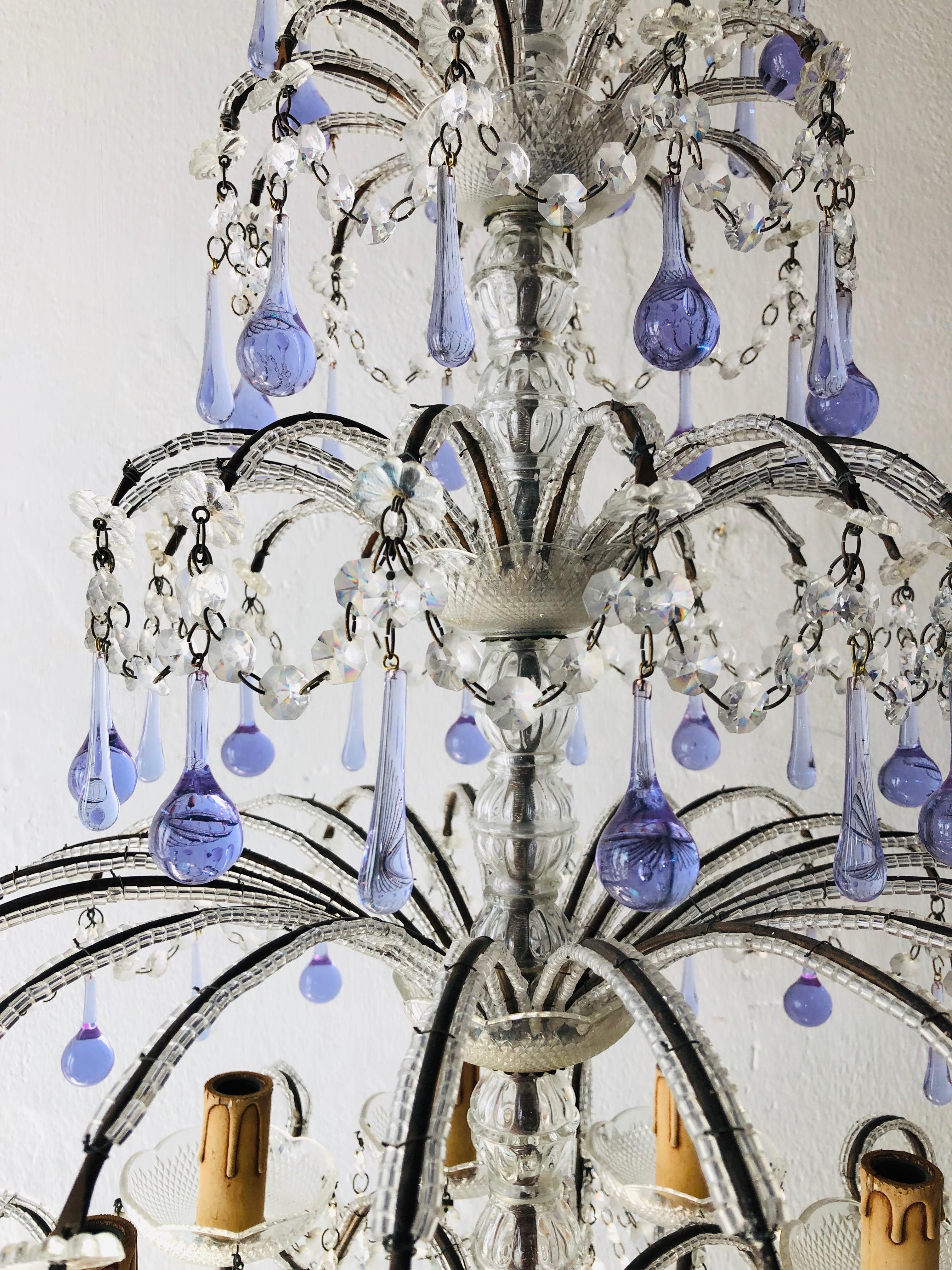 Huge French Murano Lavender Drops and Crystal Swags Chandelier, circa 1920 4