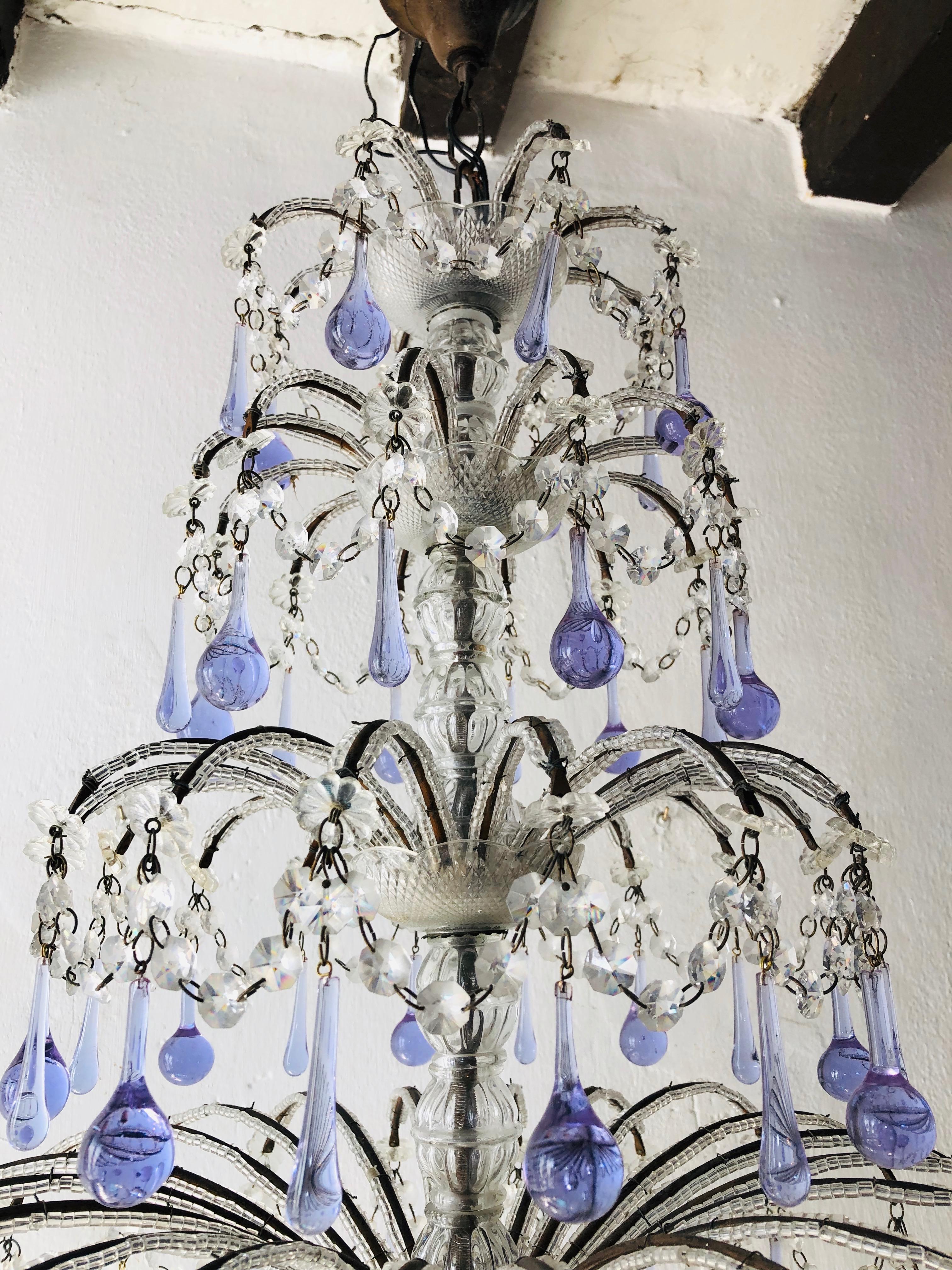 Huge French Murano Lavender Drops and Crystal Swags Chandelier, circa 1920 5