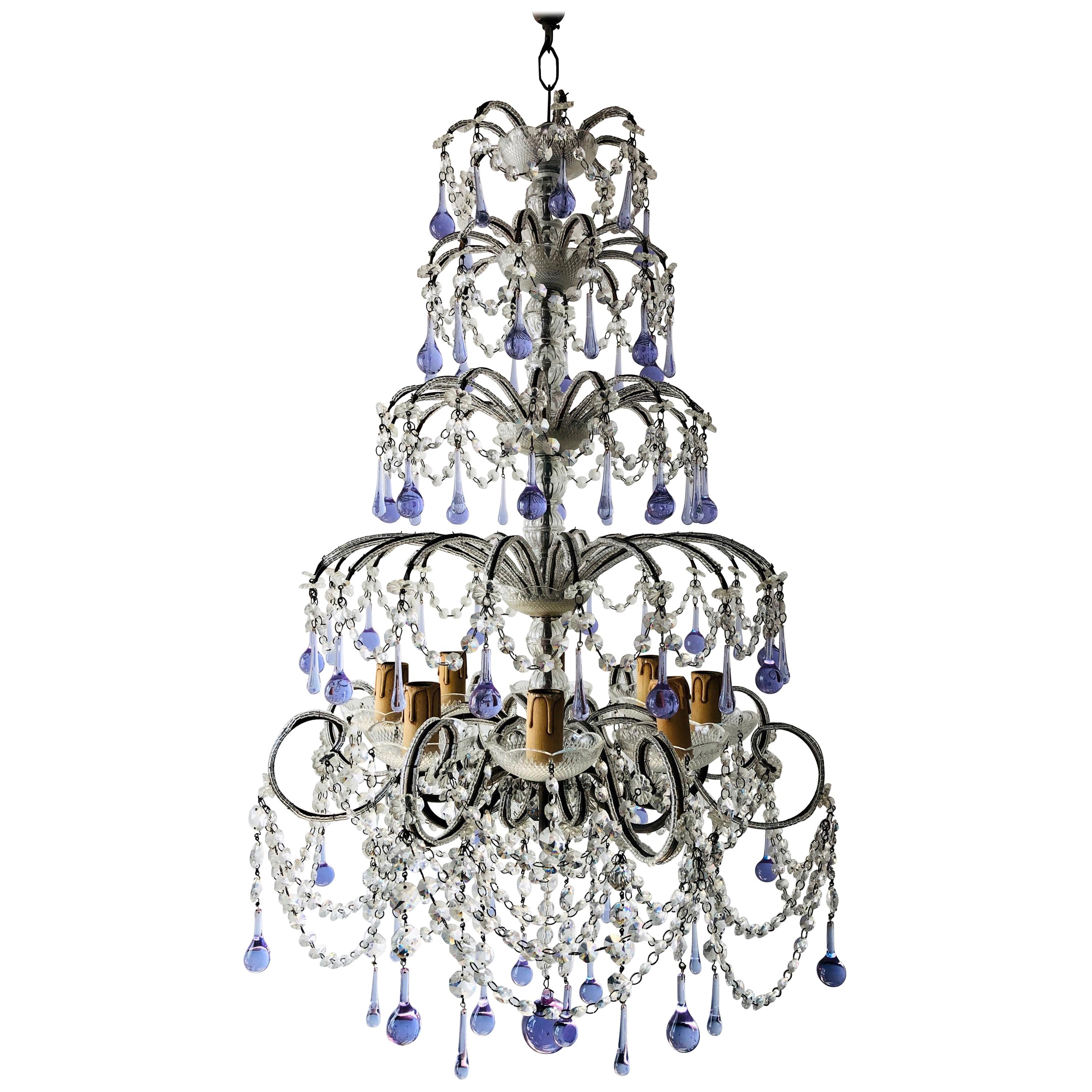 Huge French Murano Lavender Drops and Crystal Swags Chandelier, circa 1920