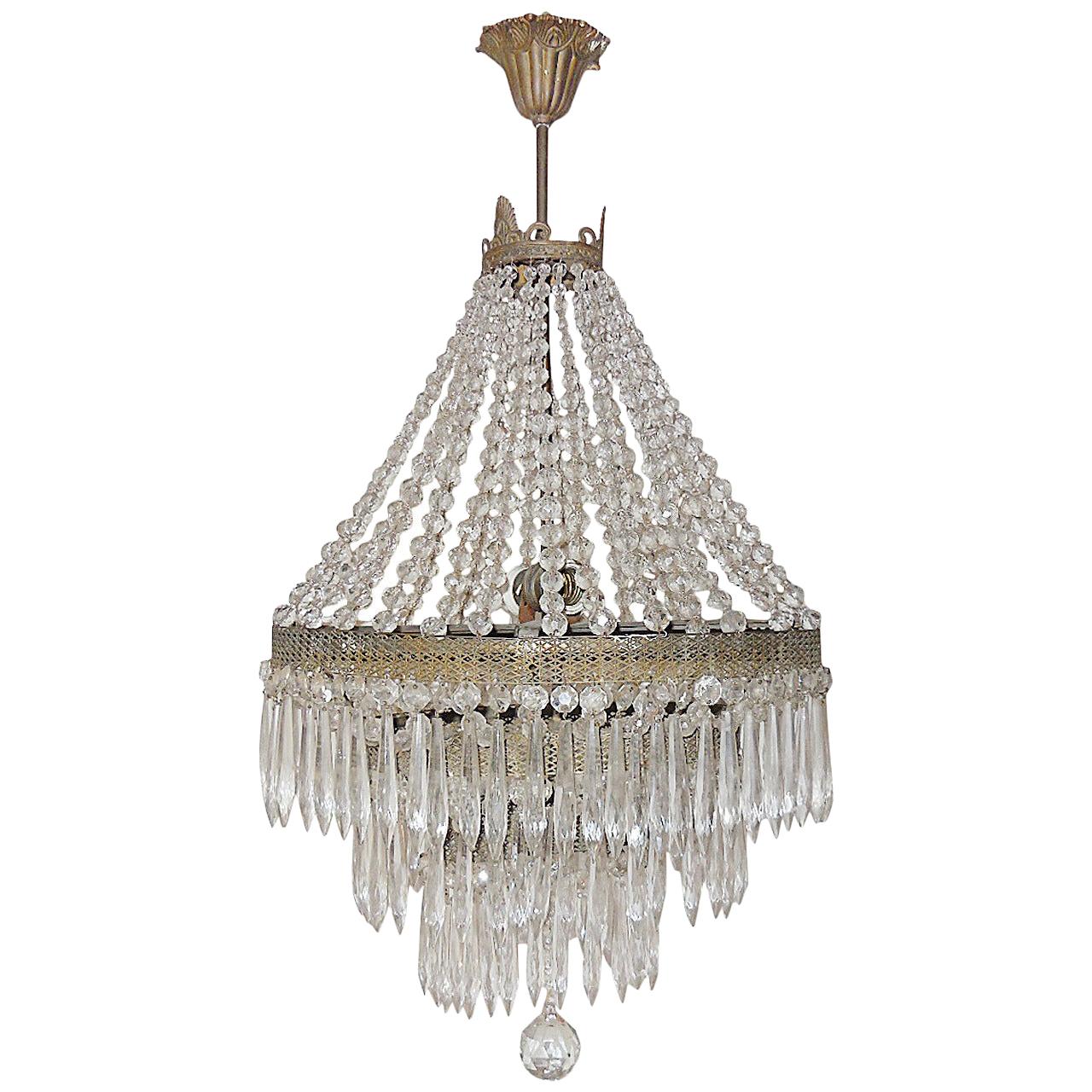 Huge French Oval Crystal Prisms Tiered Chandelier For Sale