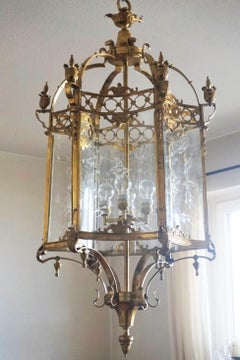 Large French Louis XVI Style Bronze Etched Glass Four-Light Lantern
