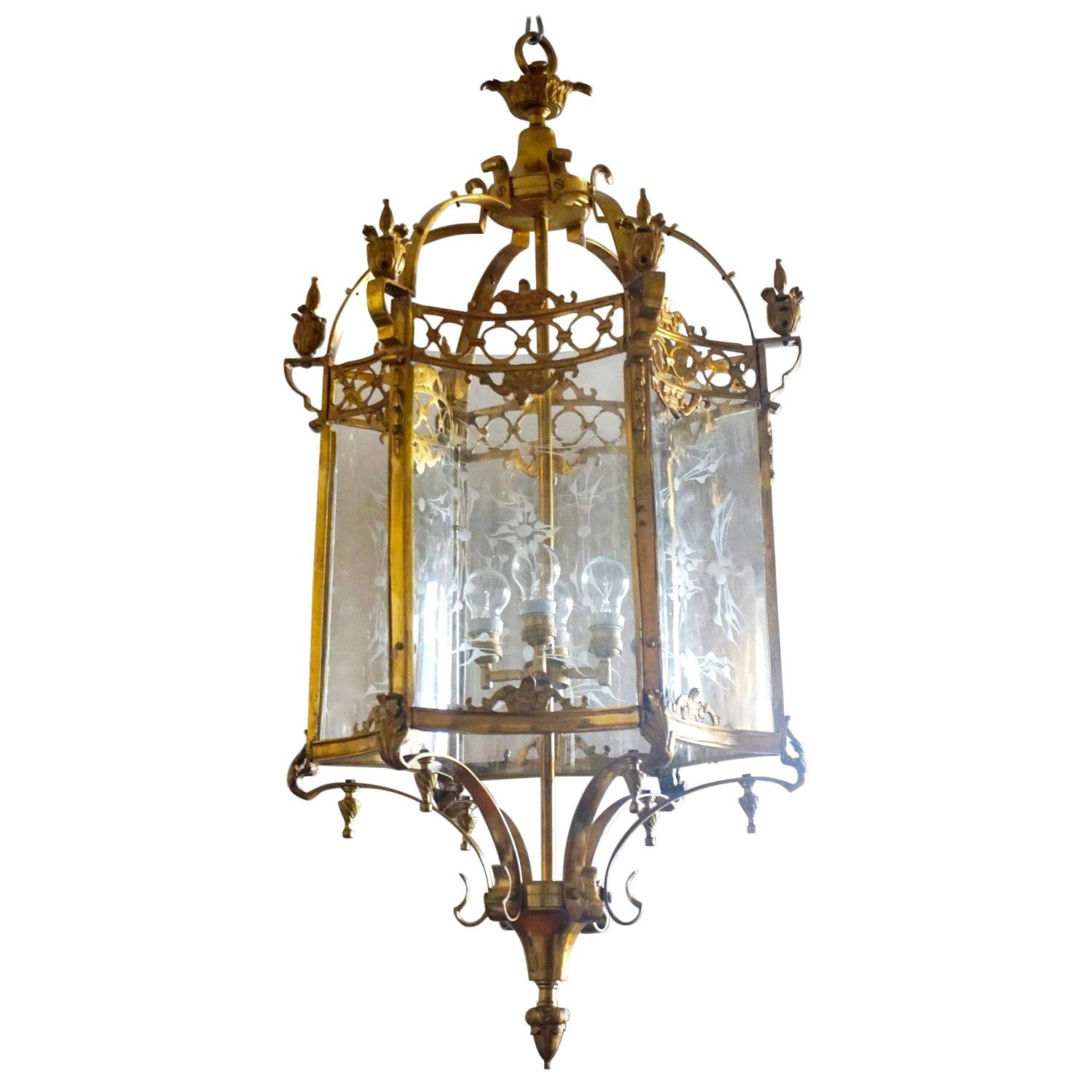 Huge French Louis XVI Style Brass Bronze Lantern with Curved Cut Glass Panels For Sale