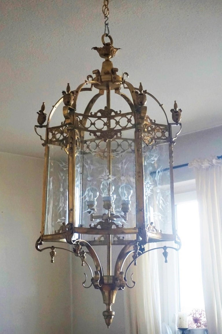 Huge French Louis XVI Style Brass Bronze Lantern with Curved Cut Glass