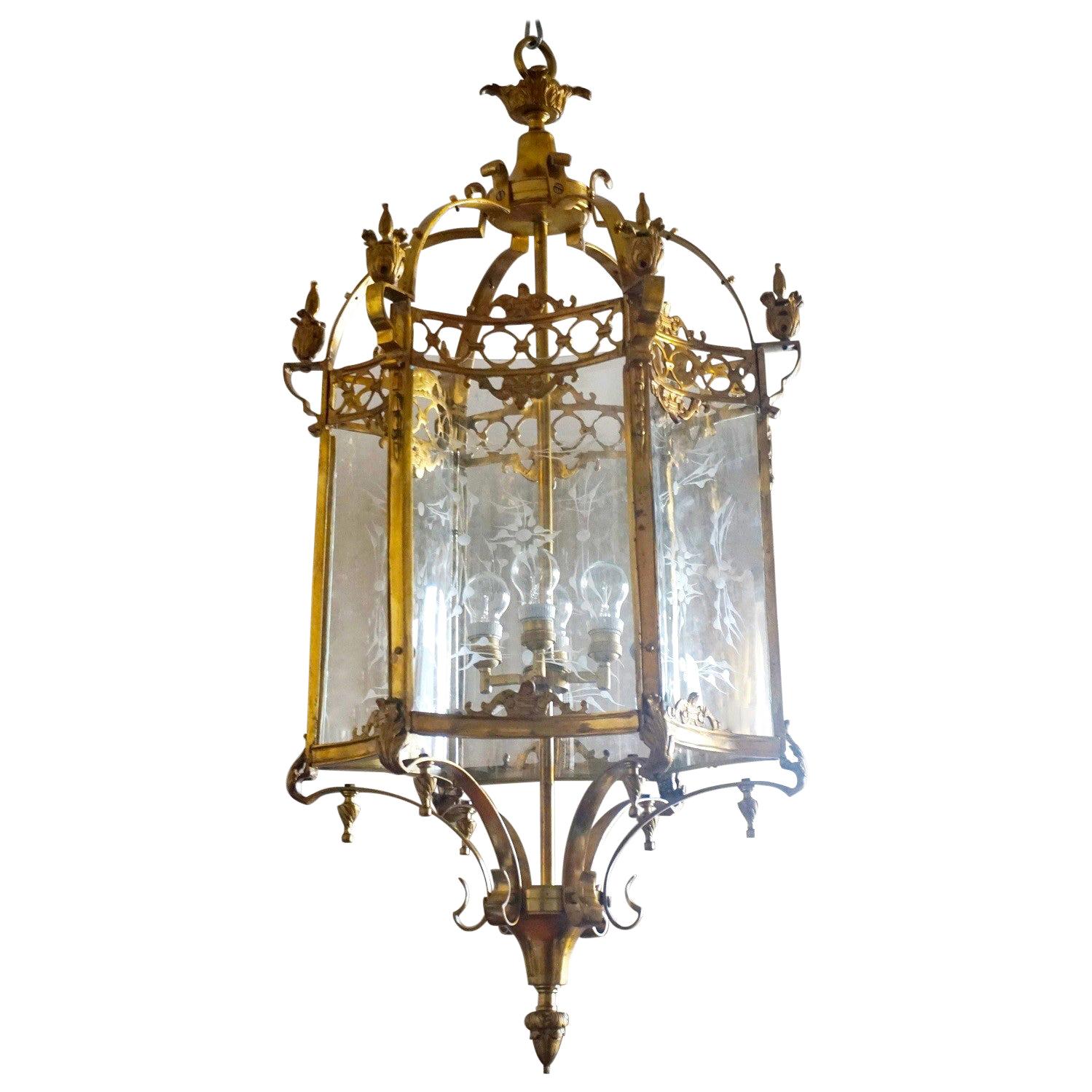 Huge French Louis XVI Style Brass Bronze Lantern with Curved Cut Glass Panels