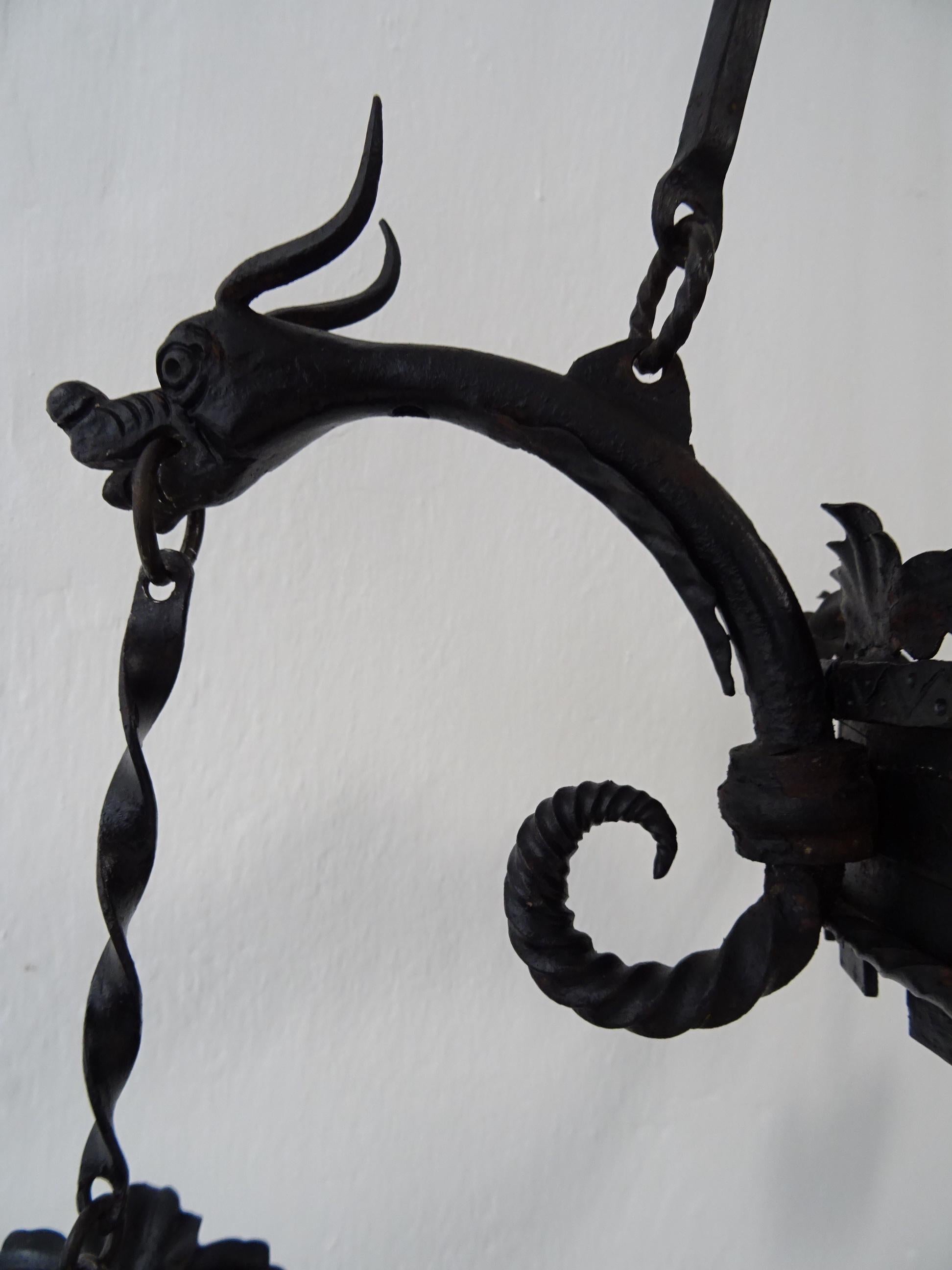 Huge French Wrought Iron Gothic Dragon, Medieval Chandelier, circa 1900 For Sale 6