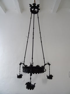 Huge French Wrought Iron Gothic Dragon, Medieval Chandelier, circa 1900