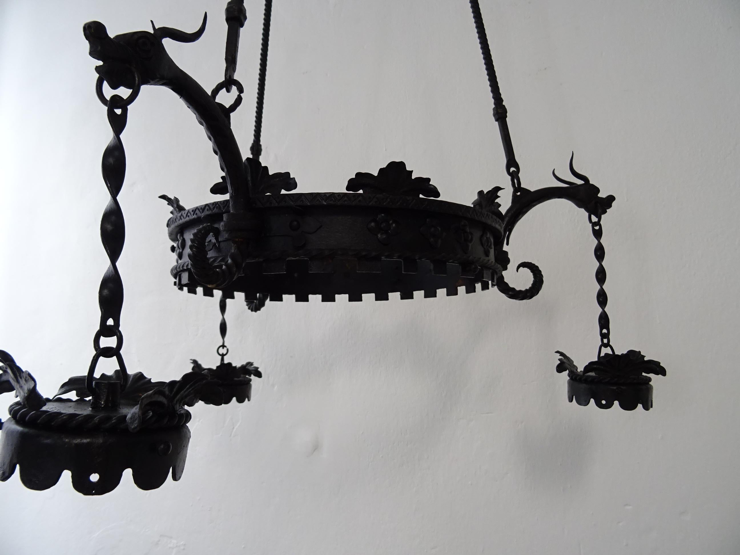 Huge French Wrought Iron Gothic Dragon, Medieval Chandelier, circa 1900 For Sale 1