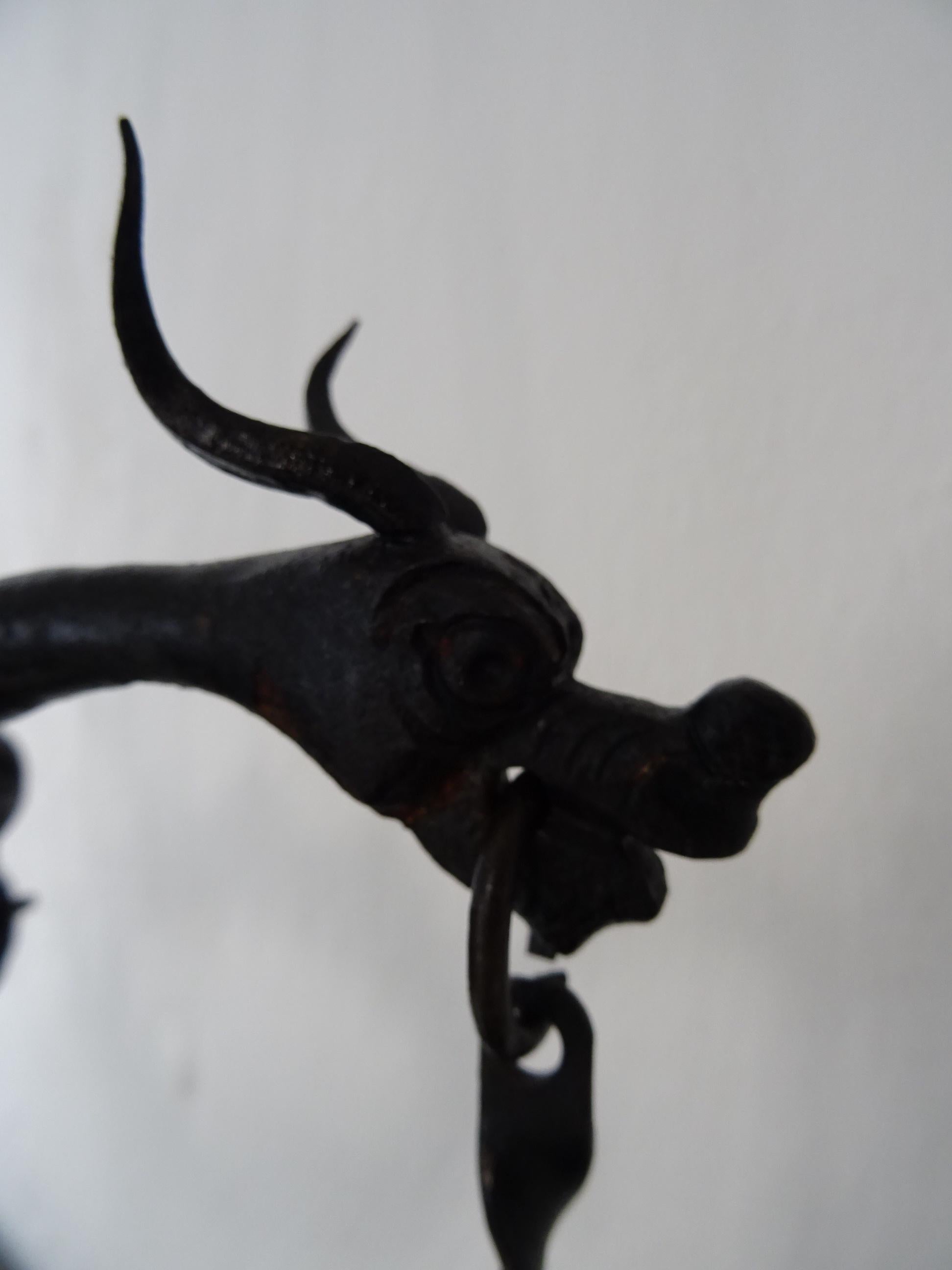 Huge French Wrought Iron Gothic Dragon, Medieval Chandelier, circa 1900 For Sale 2