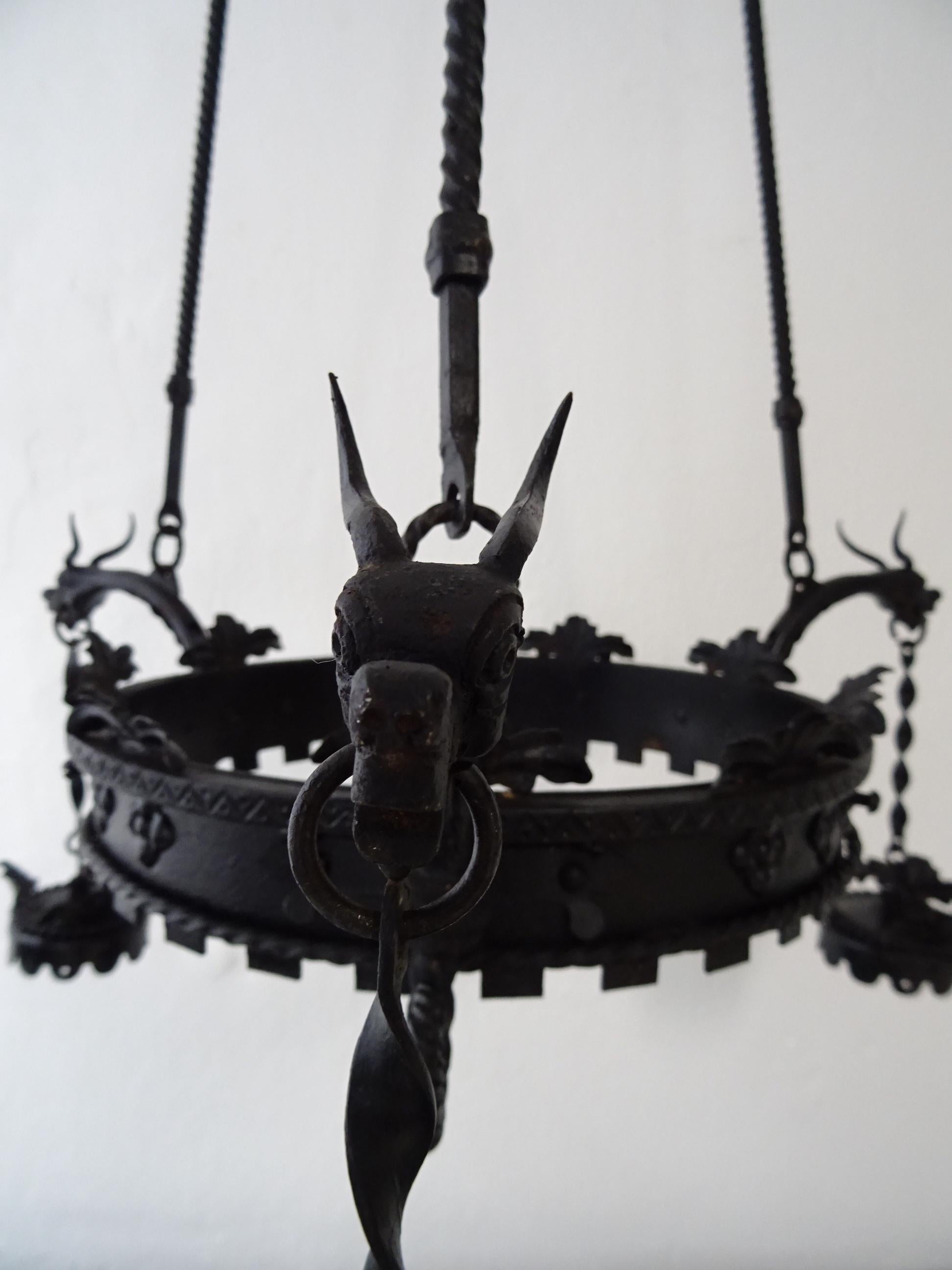 Huge French Wrought Iron Gothic Dragon, Medieval Chandelier, circa 1900 For Sale 3
