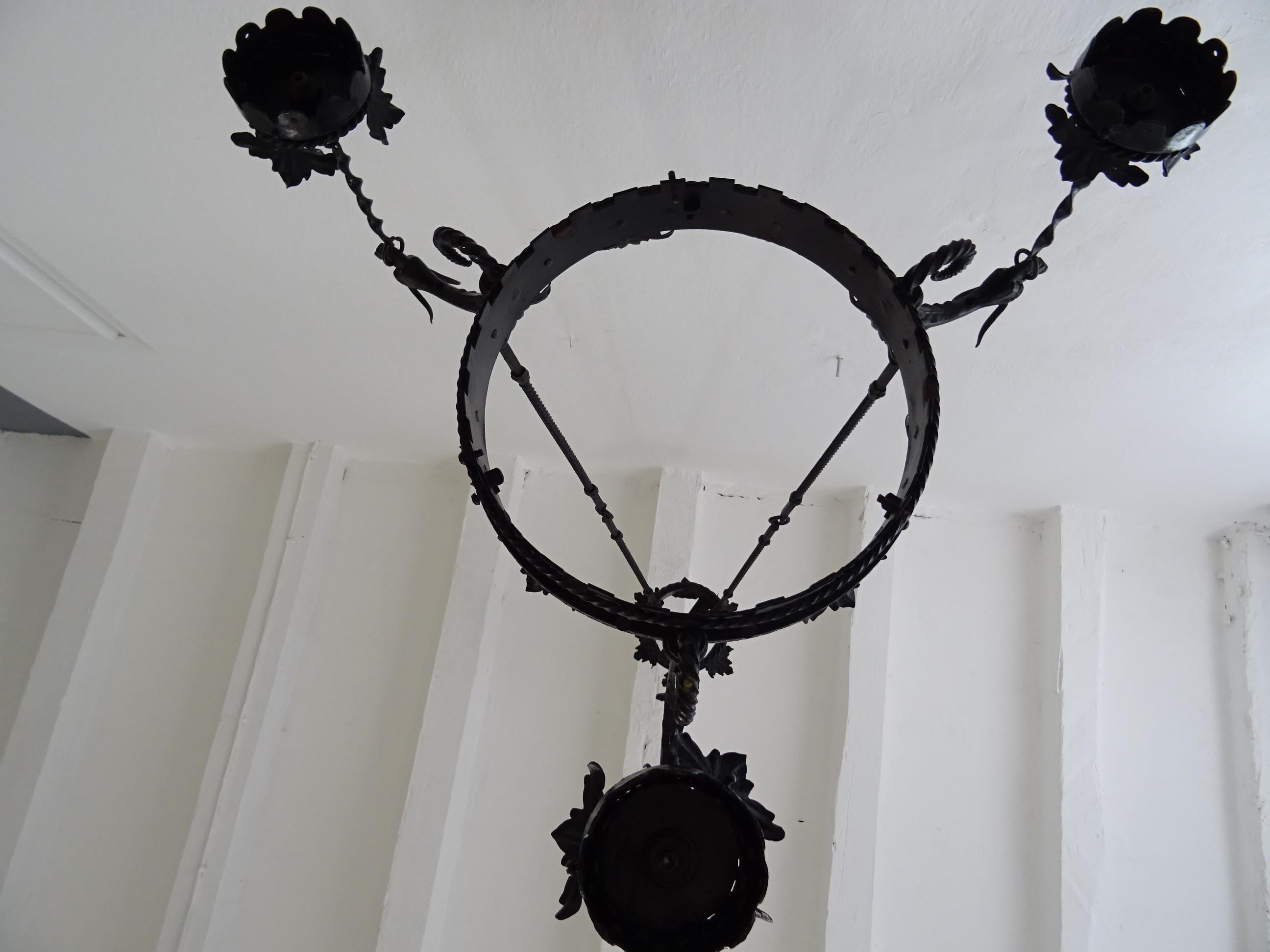 Huge French Wrought Iron Gothic Dragon, Medieval Chandelier, circa 1900 For Sale 4