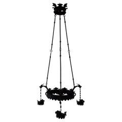 Enorme drago gotico francese in ferro battuto, lampadario medievale, circa 1900