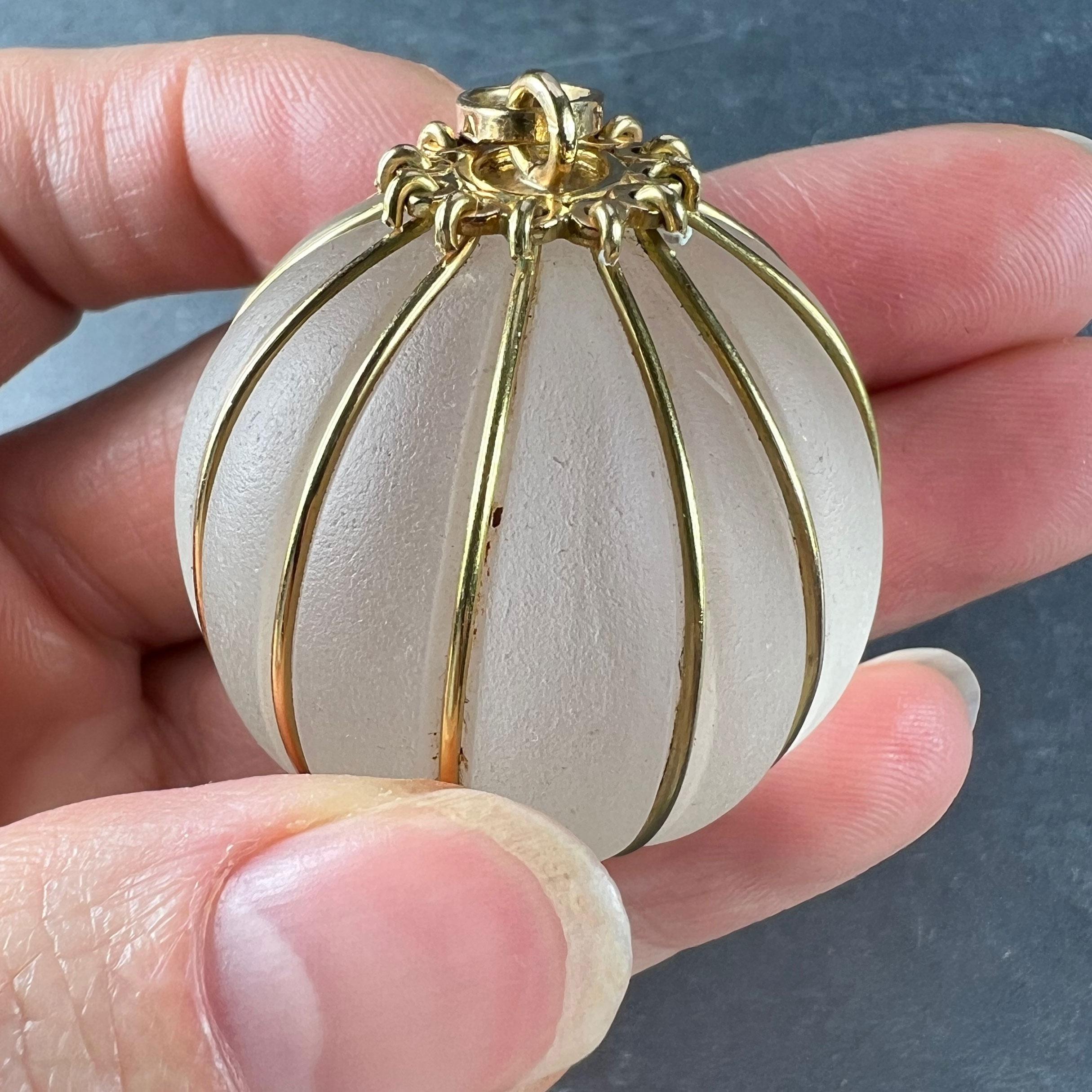 Huge Frosted Glass 18K Yellow Gold Gadrooned Spherical Pendant For Sale 6