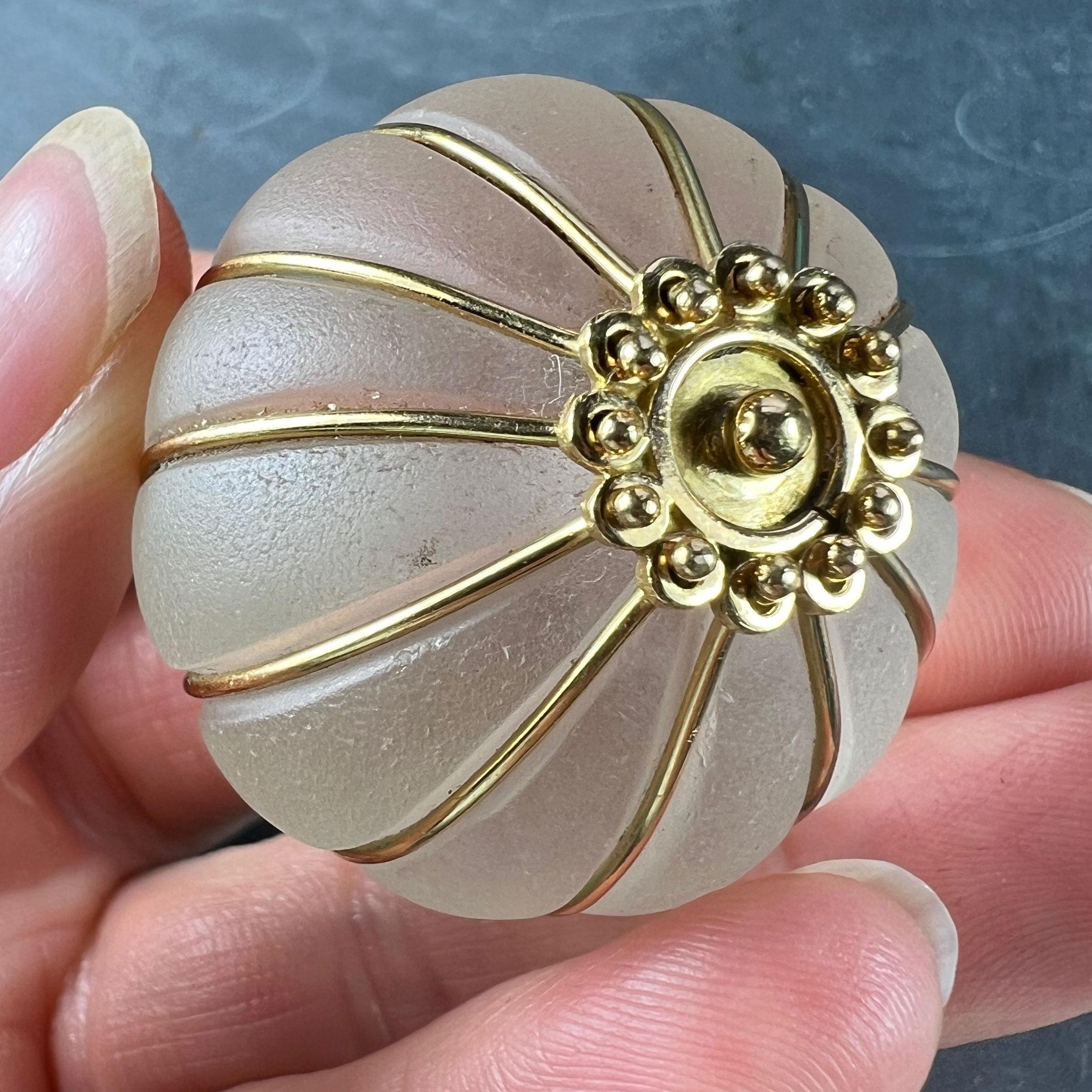 Huge Frosted Glass 18K Yellow Gold Gadrooned Spherical Pendant For Sale 8