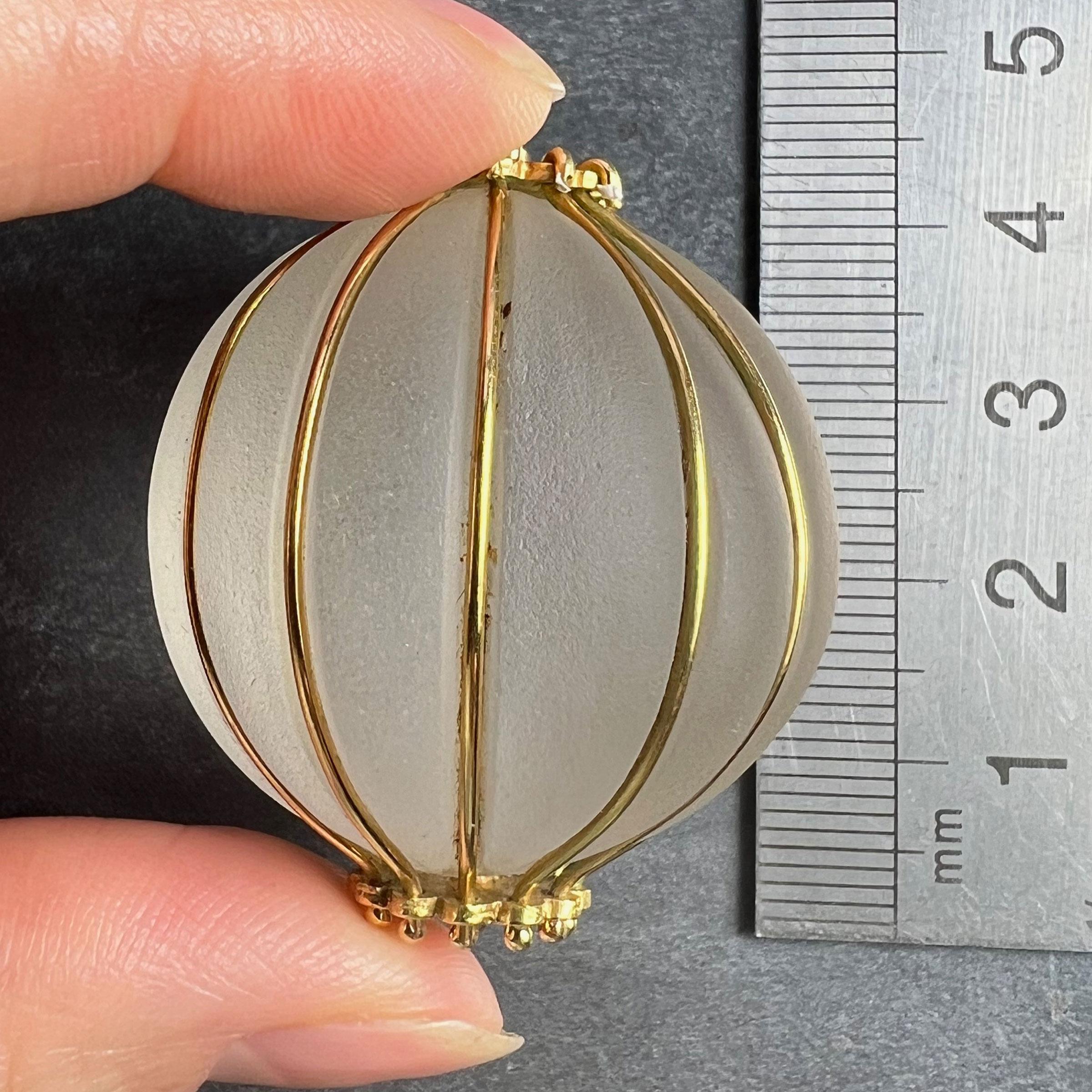 Huge Frosted Glass 18K Yellow Gold Gadrooned Spherical Pendant For Sale 10