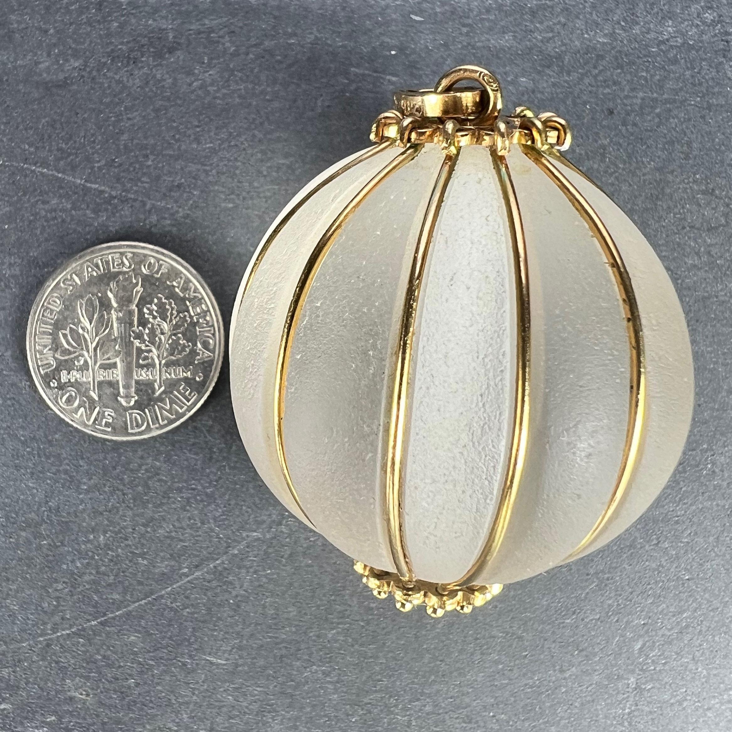 Huge Frosted Glass 18K Yellow Gold Gadrooned Spherical Pendant For Sale 11