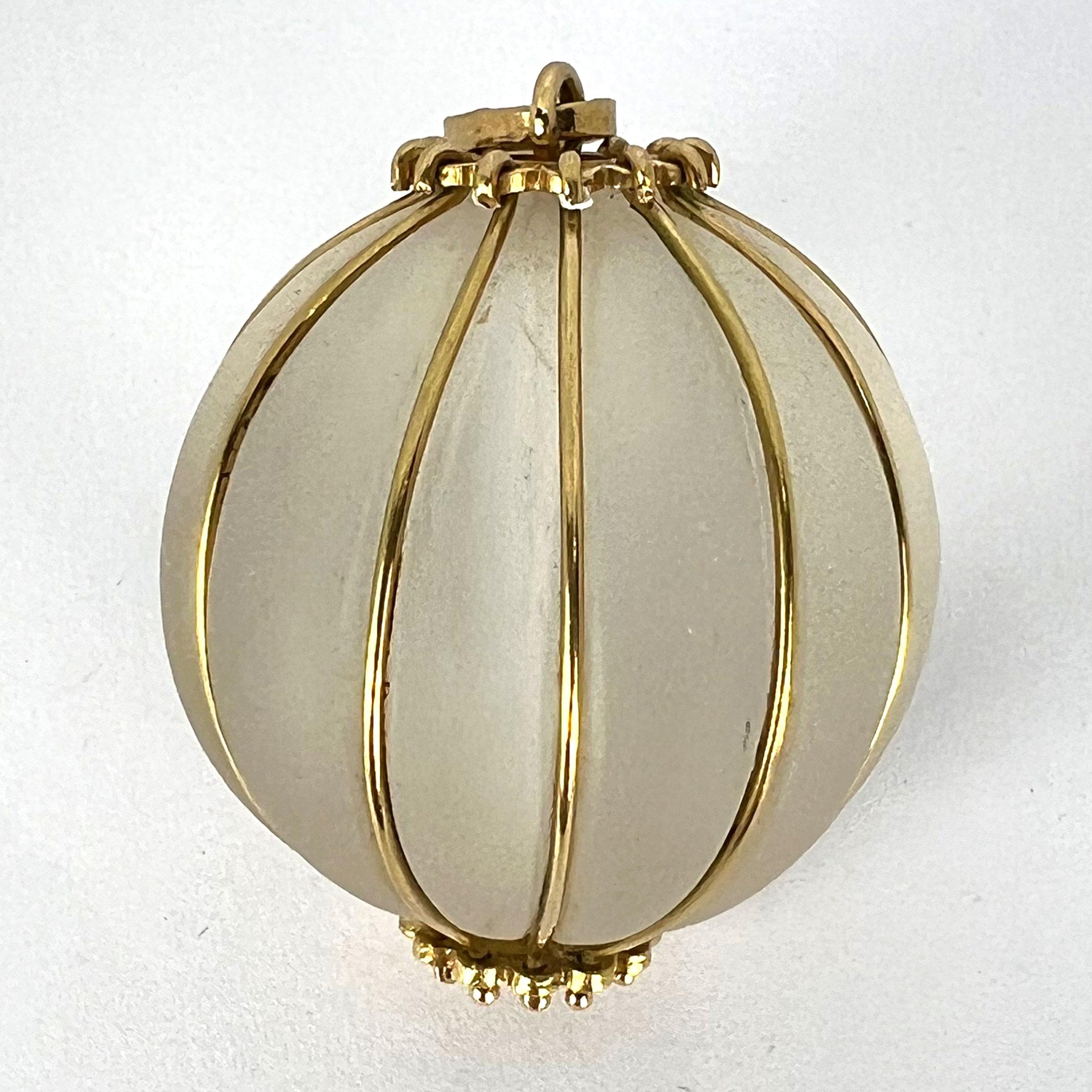 Huge Frosted Glass 18K Yellow Gold Gadrooned Spherical Pendant For Sale 13
