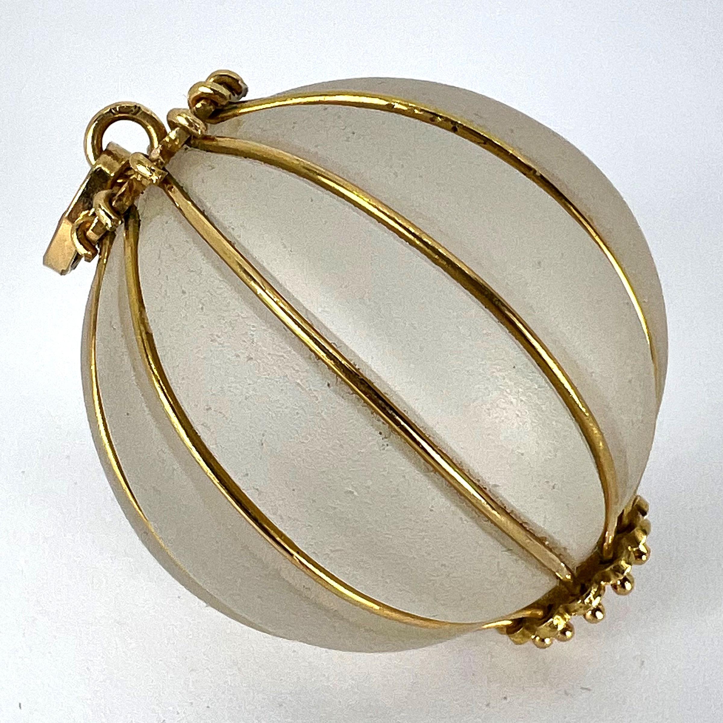 Huge Frosted Glass 18K Yellow Gold Gadrooned Spherical Pendant For Sale 15