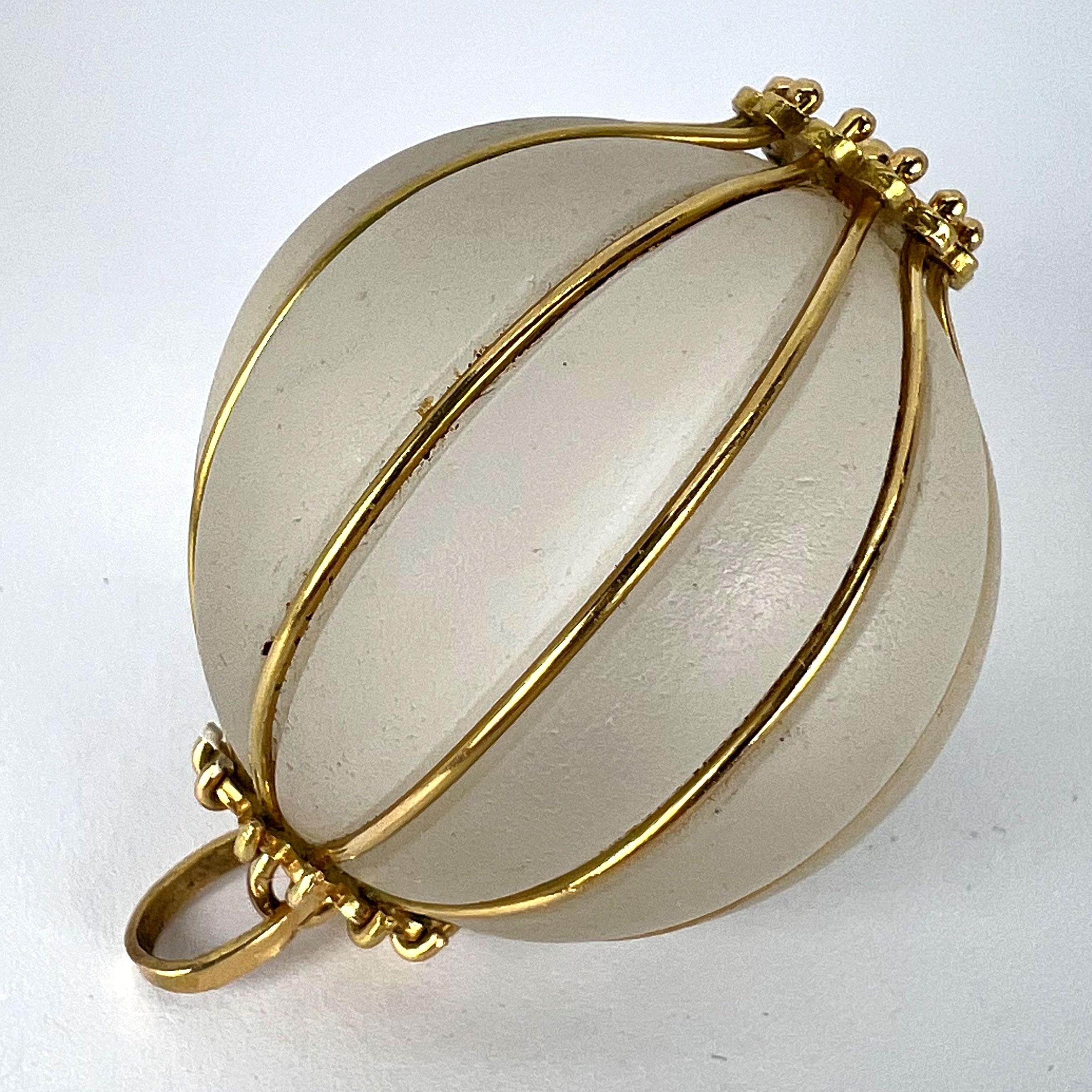 Huge Frosted Glass 18K Yellow Gold Gadrooned Spherical Pendant For Sale 16