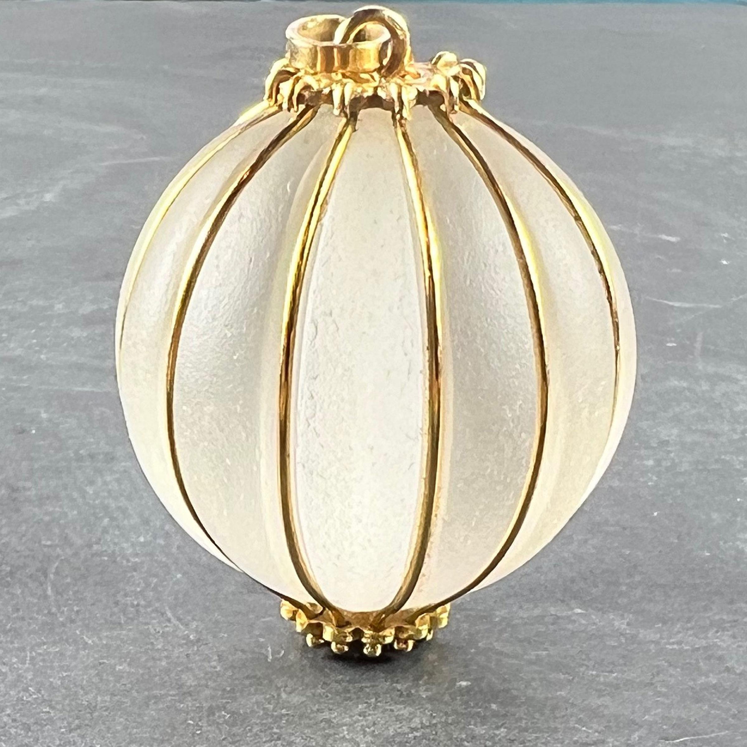 Women's or Men's Huge Frosted Glass 18K Yellow Gold Gadrooned Spherical Pendant For Sale