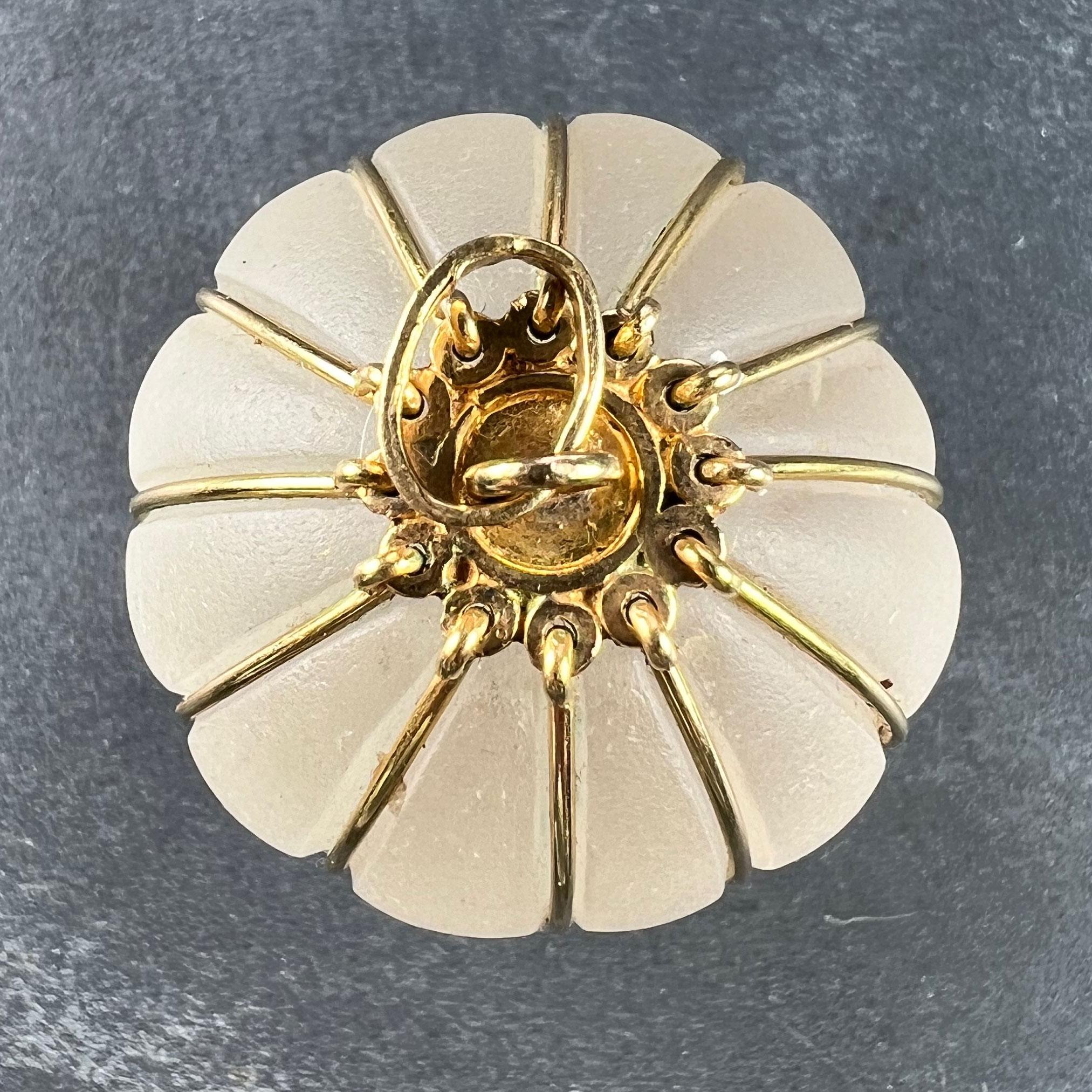 Huge Frosted Glass 18K Yellow Gold Gadrooned Spherical Pendant For Sale 1