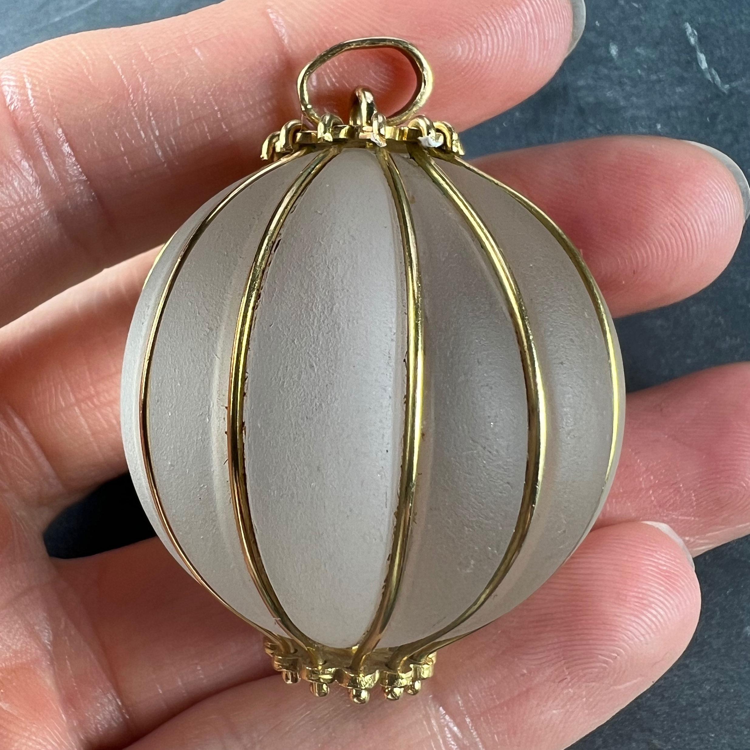 Huge Frosted Glass 18K Yellow Gold Gadrooned Spherical Pendant For Sale 3
