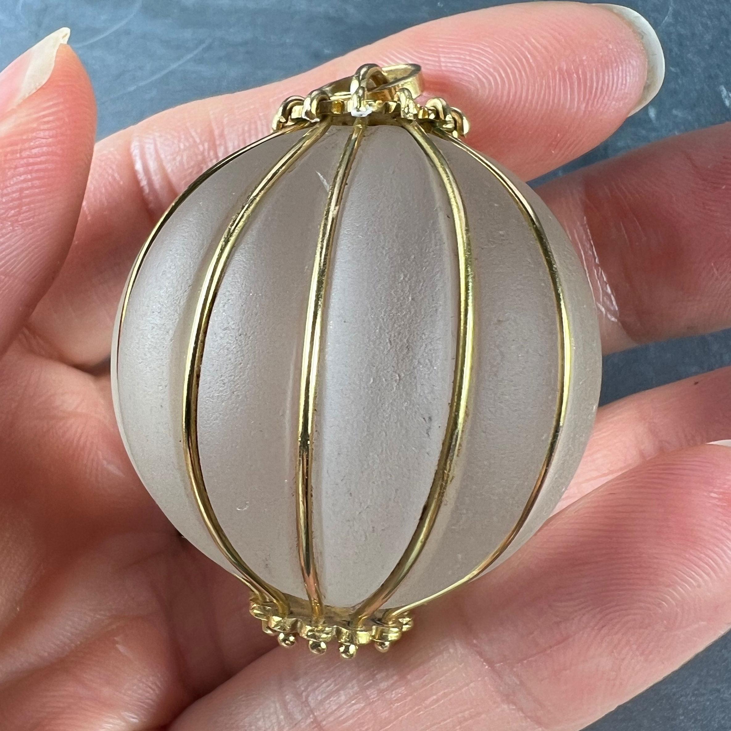 Huge Frosted Glass 18K Yellow Gold Gadrooned Spherical Pendant For Sale 4