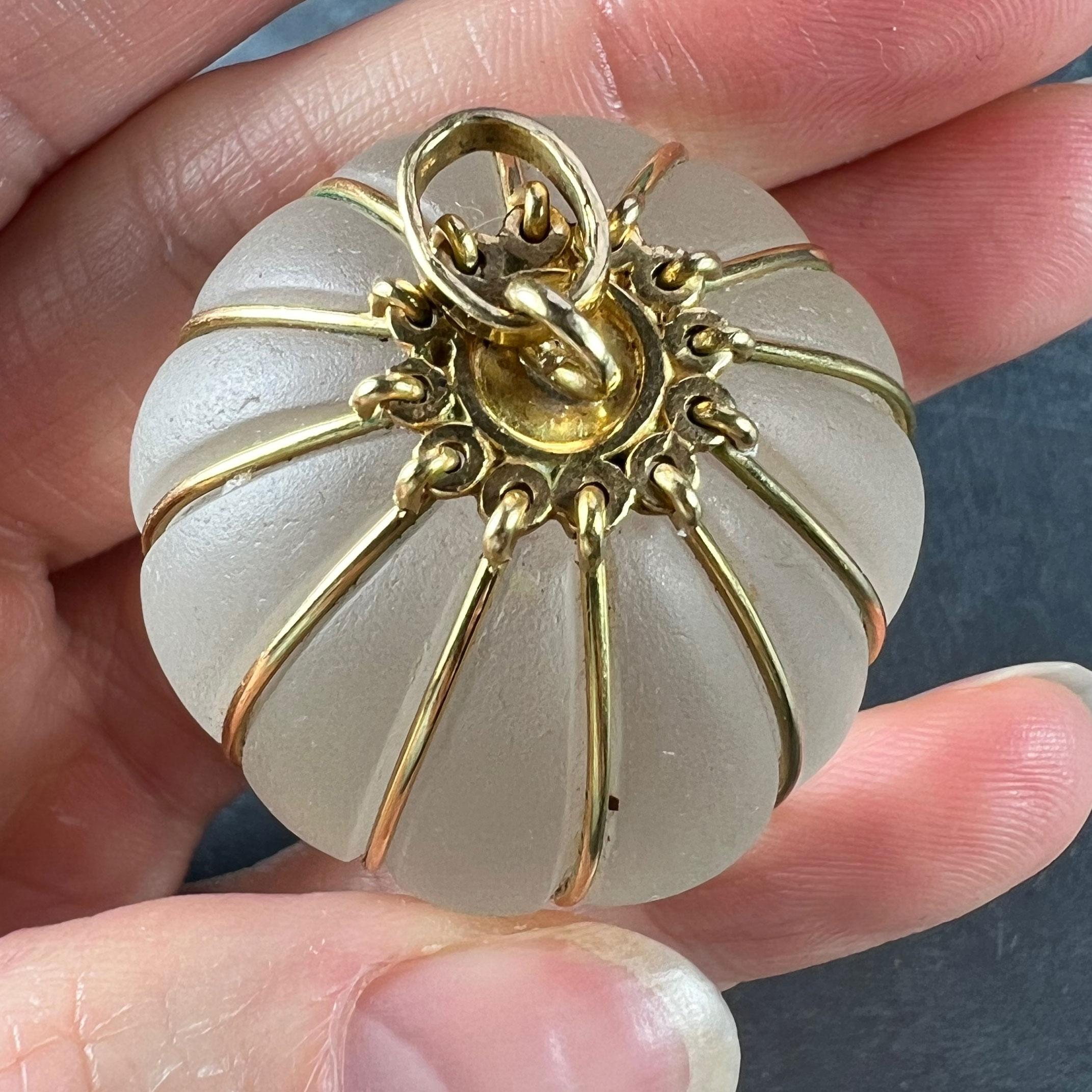 Huge Frosted Glass 18K Yellow Gold Gadrooned Spherical Pendant For Sale 5