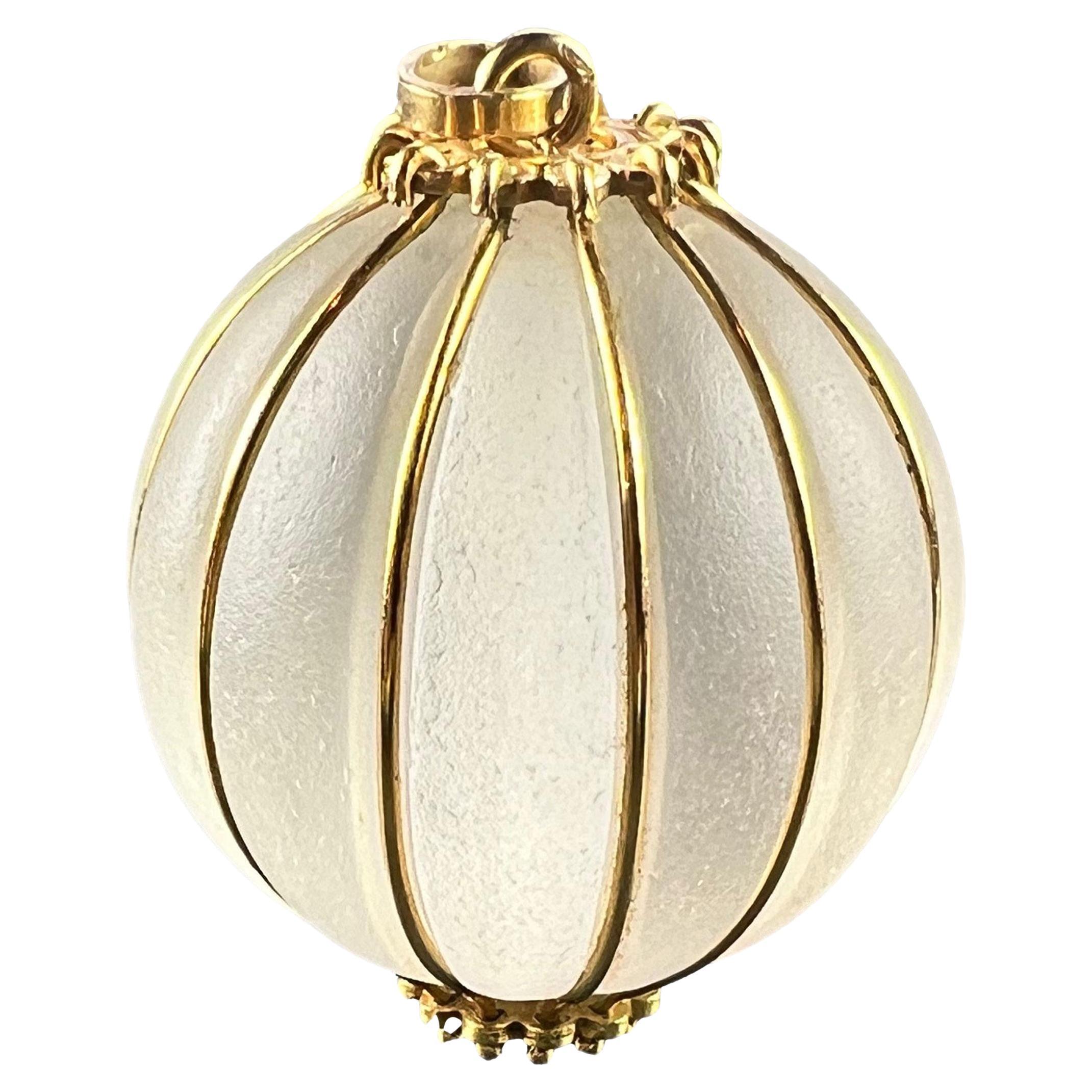 Huge Frosted Glass 18K Yellow Gold Gadrooned Spherical Pendant For Sale