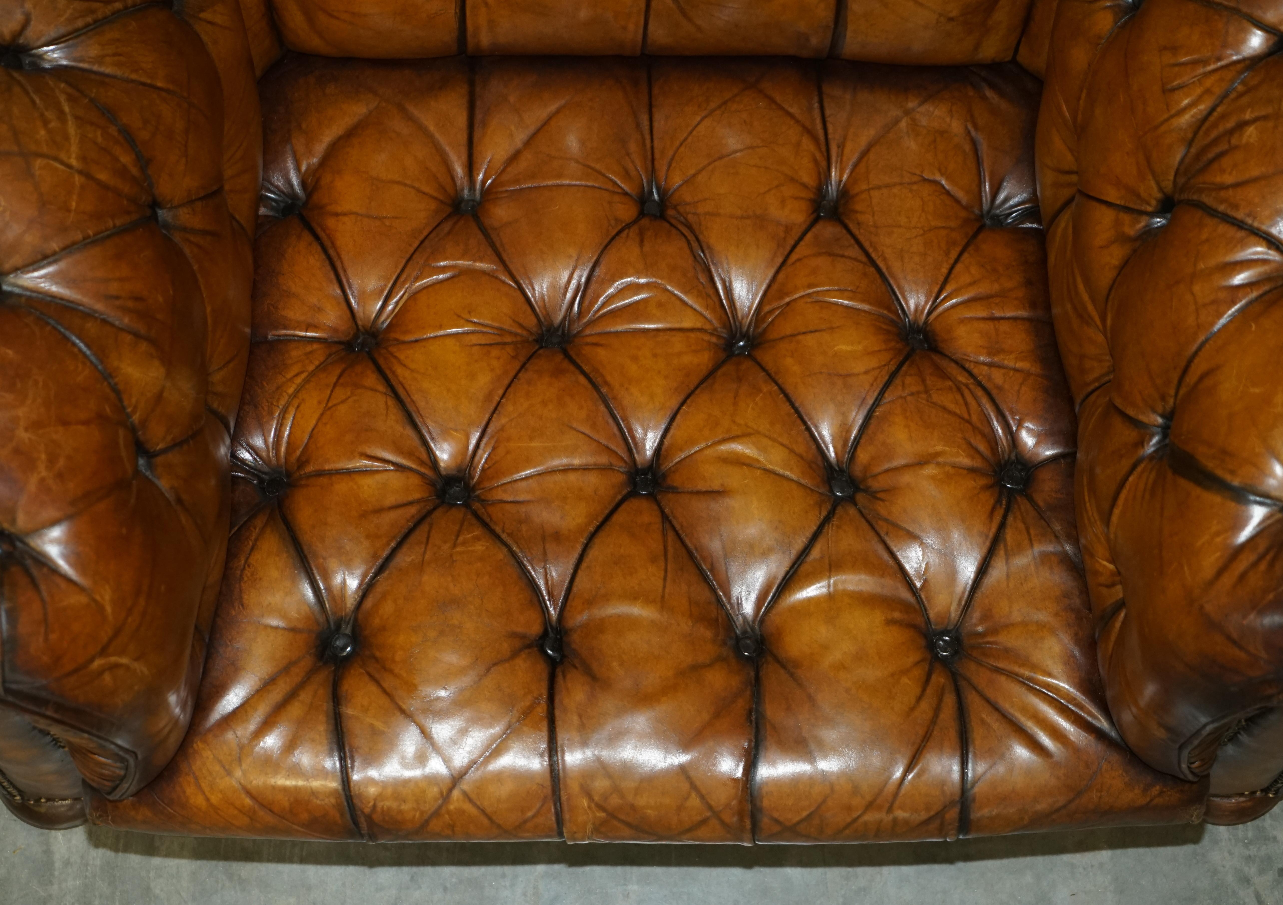 Huge Fully Restored Antique Chesterfield Club Armchair Whisky Brown Leather For Sale 9