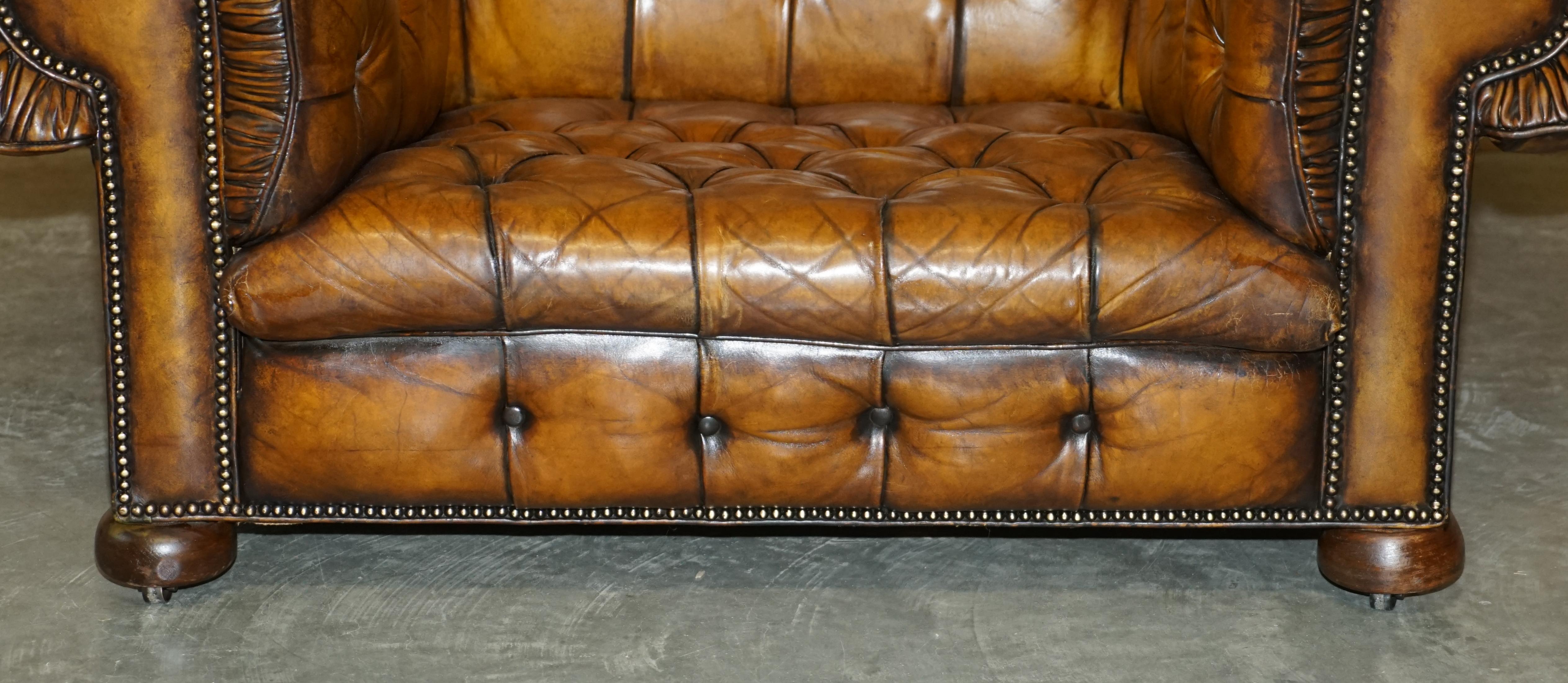 English Huge Fully Restored Antique Chesterfield Club Armchair Whisky Brown Leather For Sale