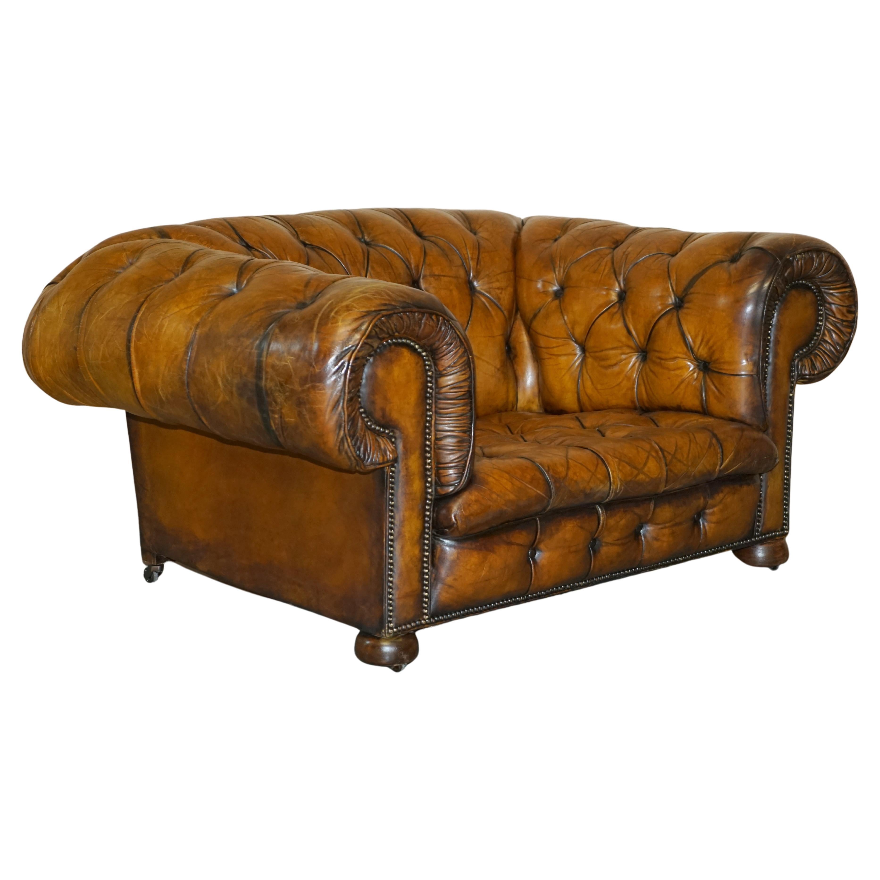 Huge Fully Restored Antique Chesterfield Club Armchair Whisky Brown Leather For Sale