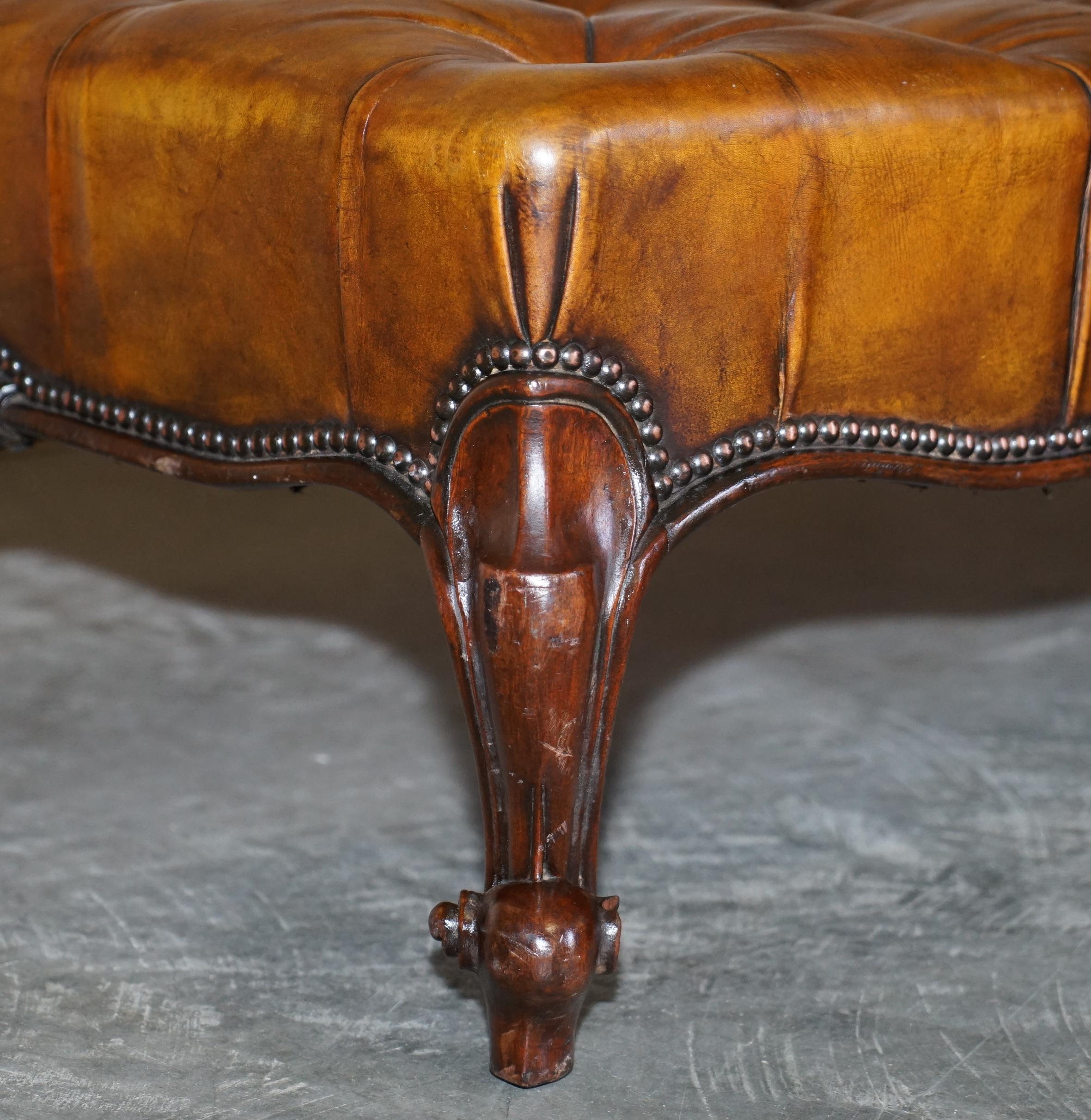 Late Victorian Huge Fully Restored Chesterfield Hand Dyed Brown Leather Hearth Footstool For Sale