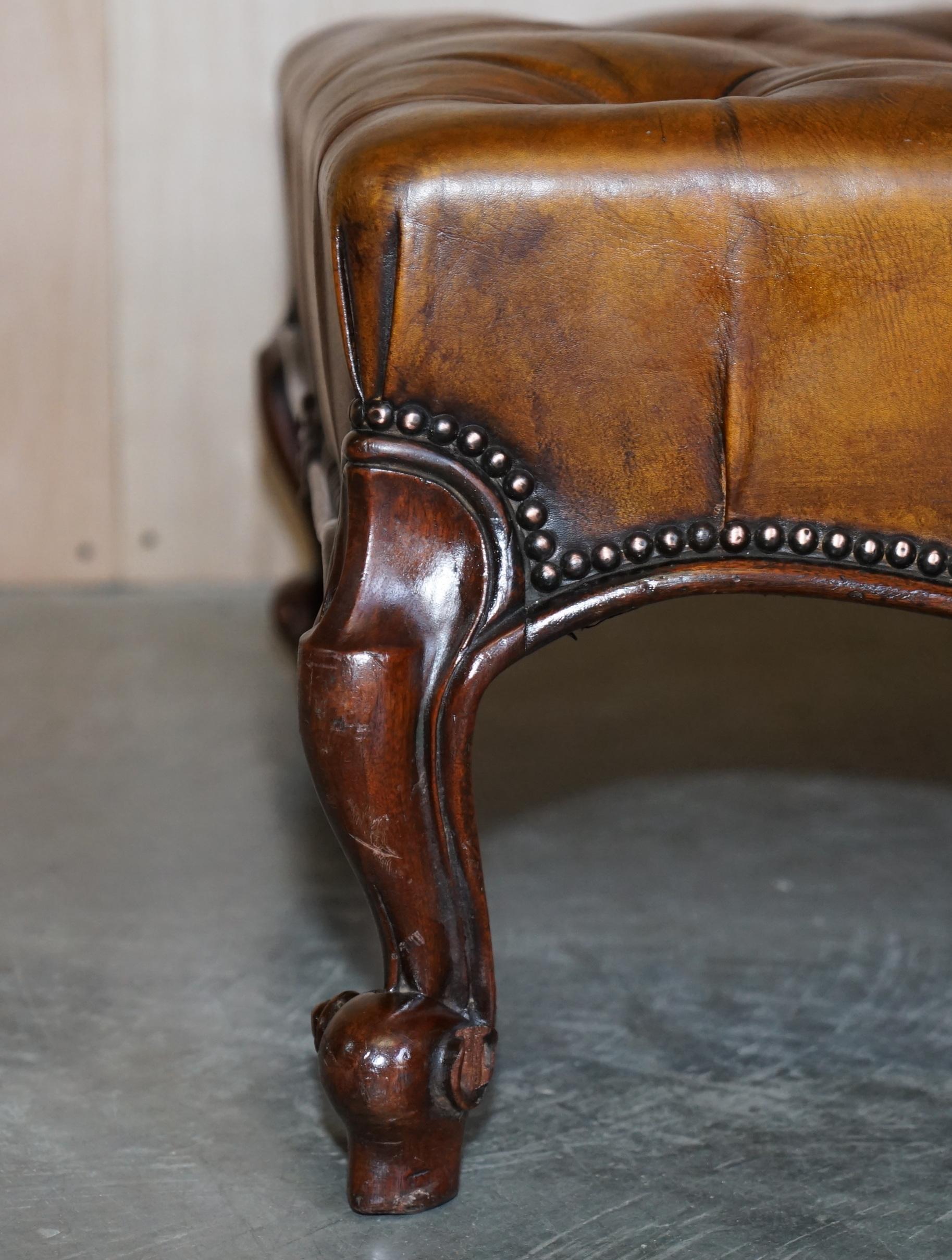 English Huge Fully Restored Chesterfield Hand Dyed Brown Leather Hearth Footstool For Sale