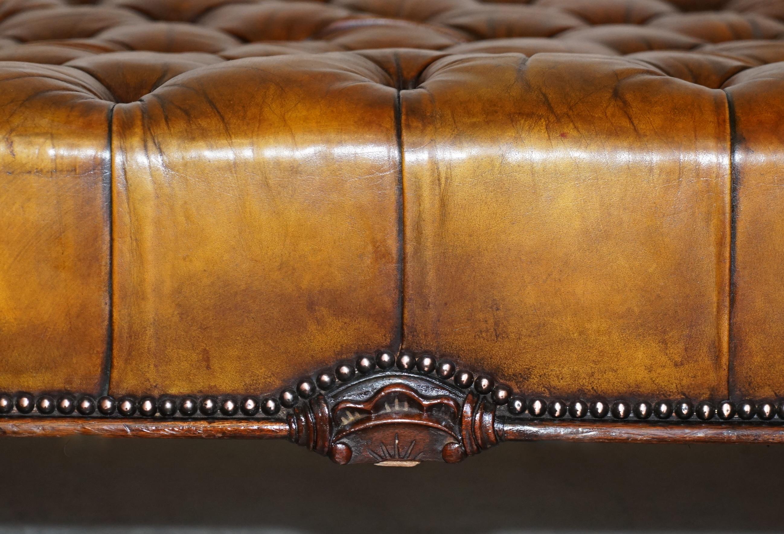Hand-Crafted Huge Fully Restored Chesterfield Hand Dyed Brown Leather Hearth Footstool For Sale