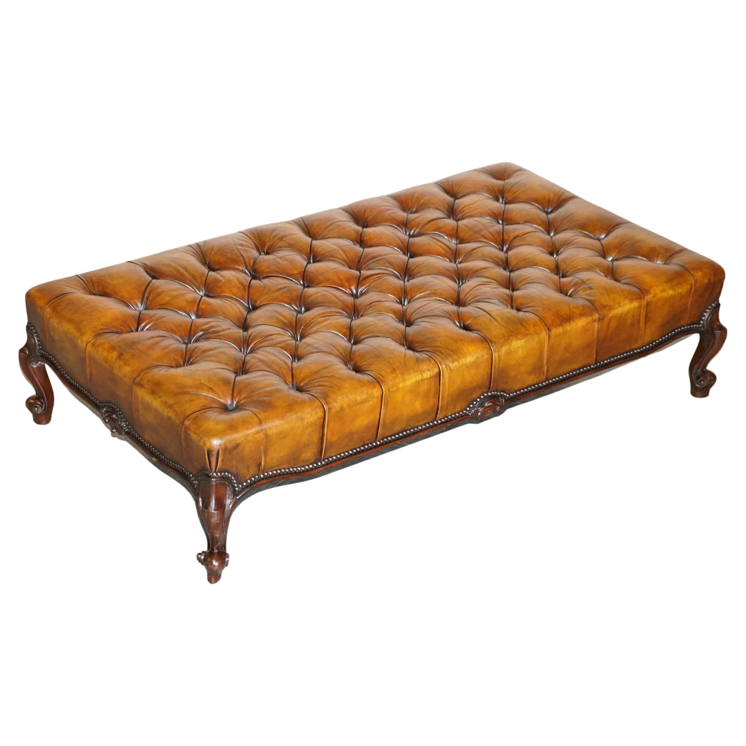 Huge Fully Restored Chesterfield Hand Dyed Brown Leather Hearth Footstool For Sale