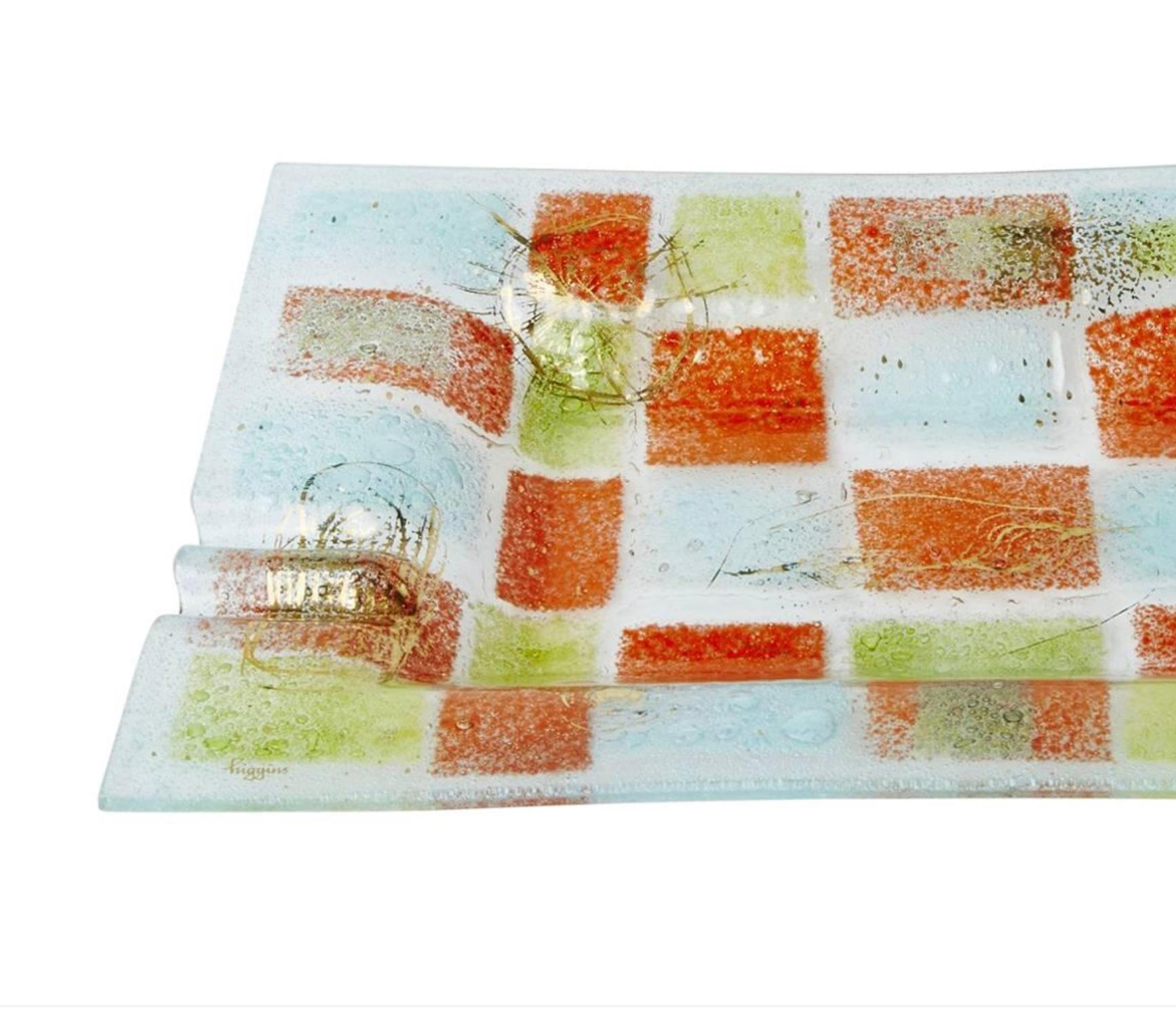Mid-Century Modern Huge Fused Glass Square Detail Ashtray by Higgins Studio, circa 1950