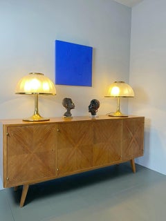 Fabbianische große Messing-Tischlampen, mundgeblasene Schirmen, 1970er Jahre