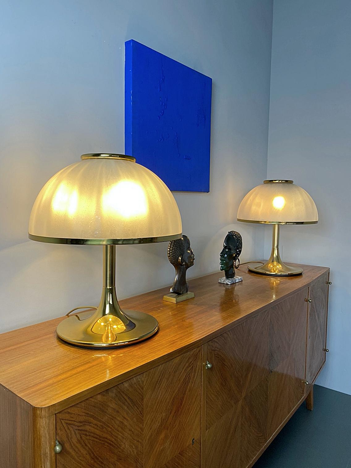 Space Age F. Fabbian Huge Brass Table Lamps, Blown Shades, 1970s, Italy For Sale