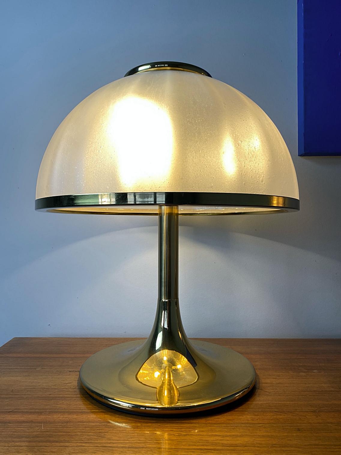 Italian F. Fabbian Huge Brass Table Lamps, Blown Shades, 1970s, Italy For Sale