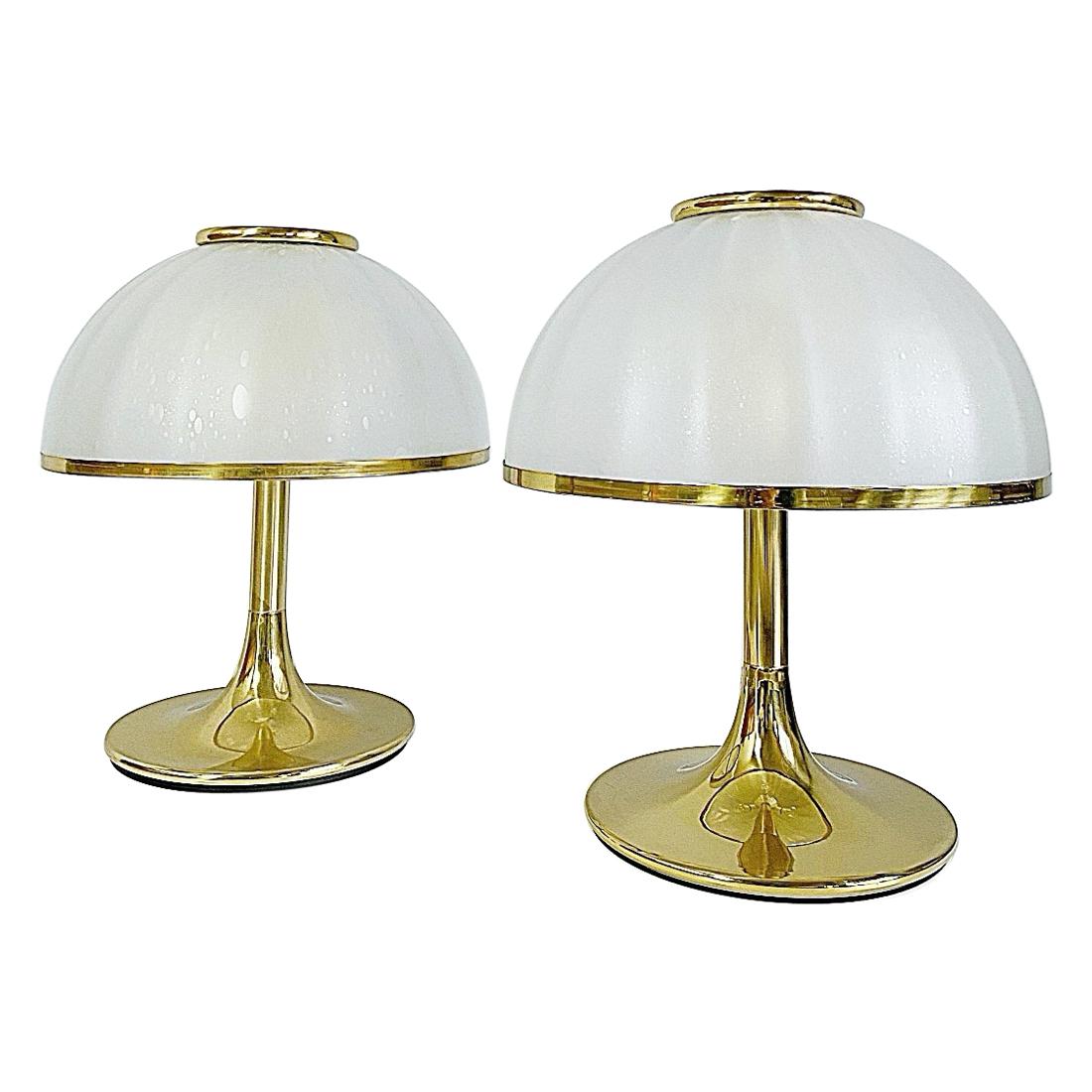 F. Fabbian Huge Brass Table Lamps, Blown Shades, 1970s, Italy