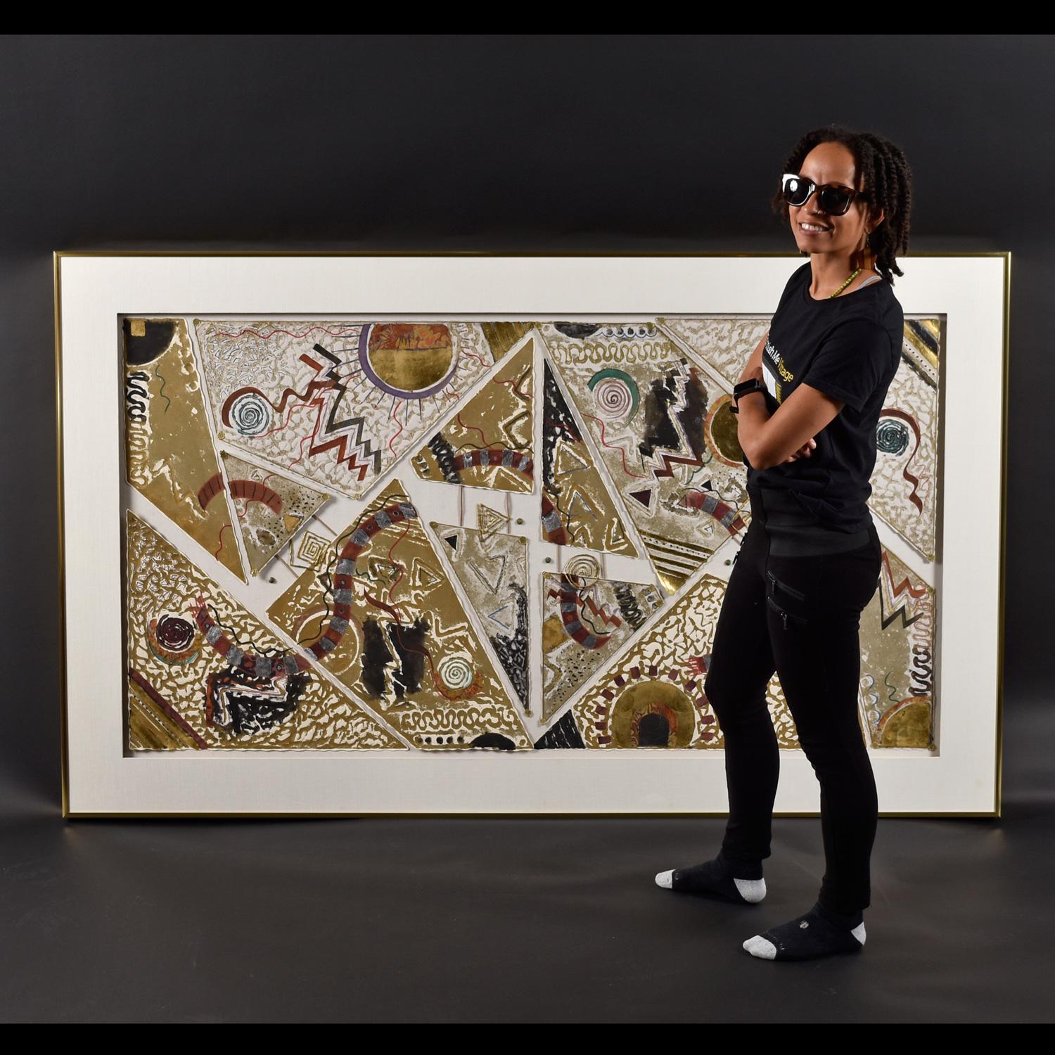 Huge George Caso for CHRISHAWN Gold White and Black Memphis Style Painting (amerikanisch) im Angebot