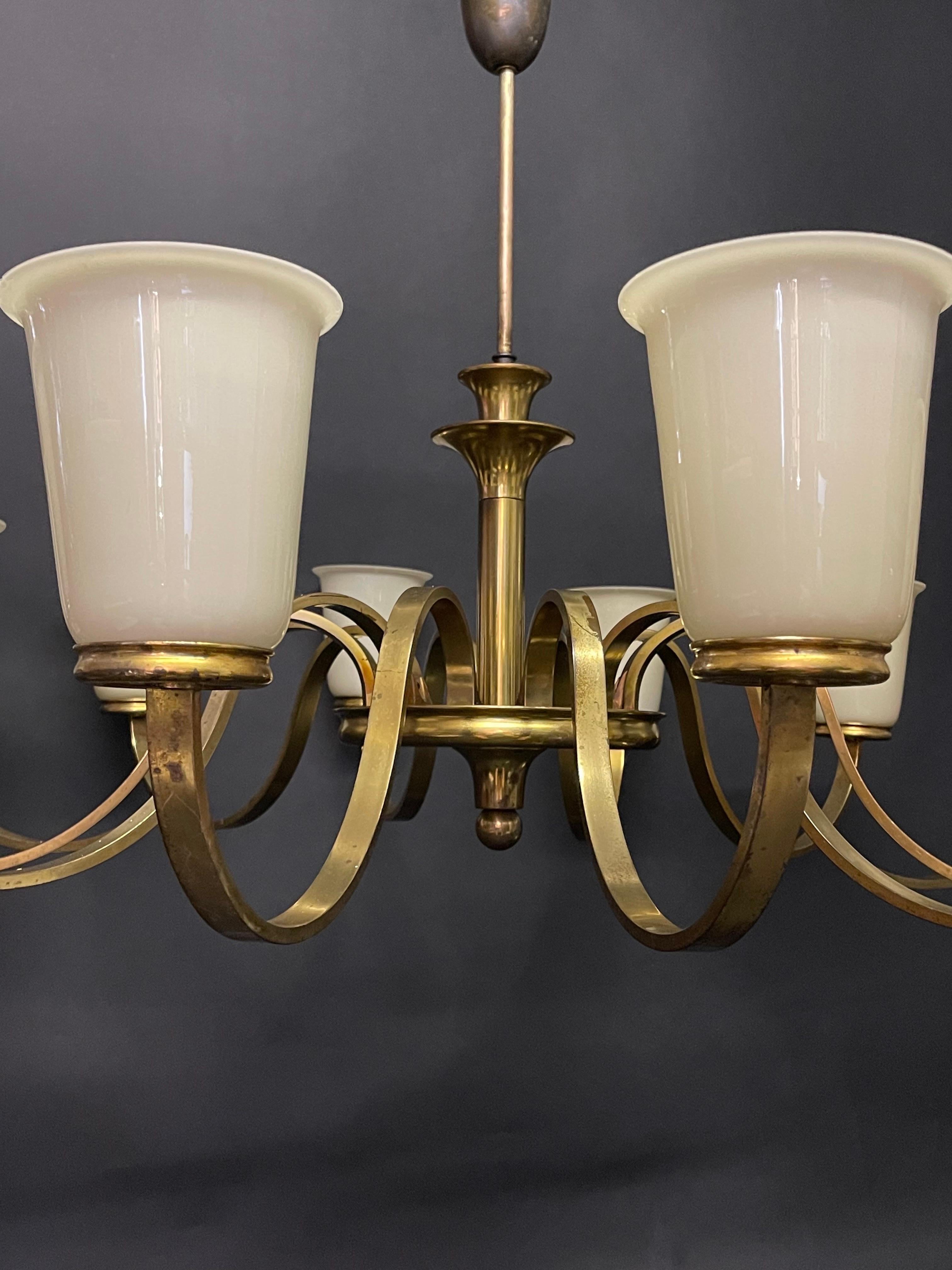 Huge German Art Deco Brass and Opal Glass Chandelier, 1930s 7