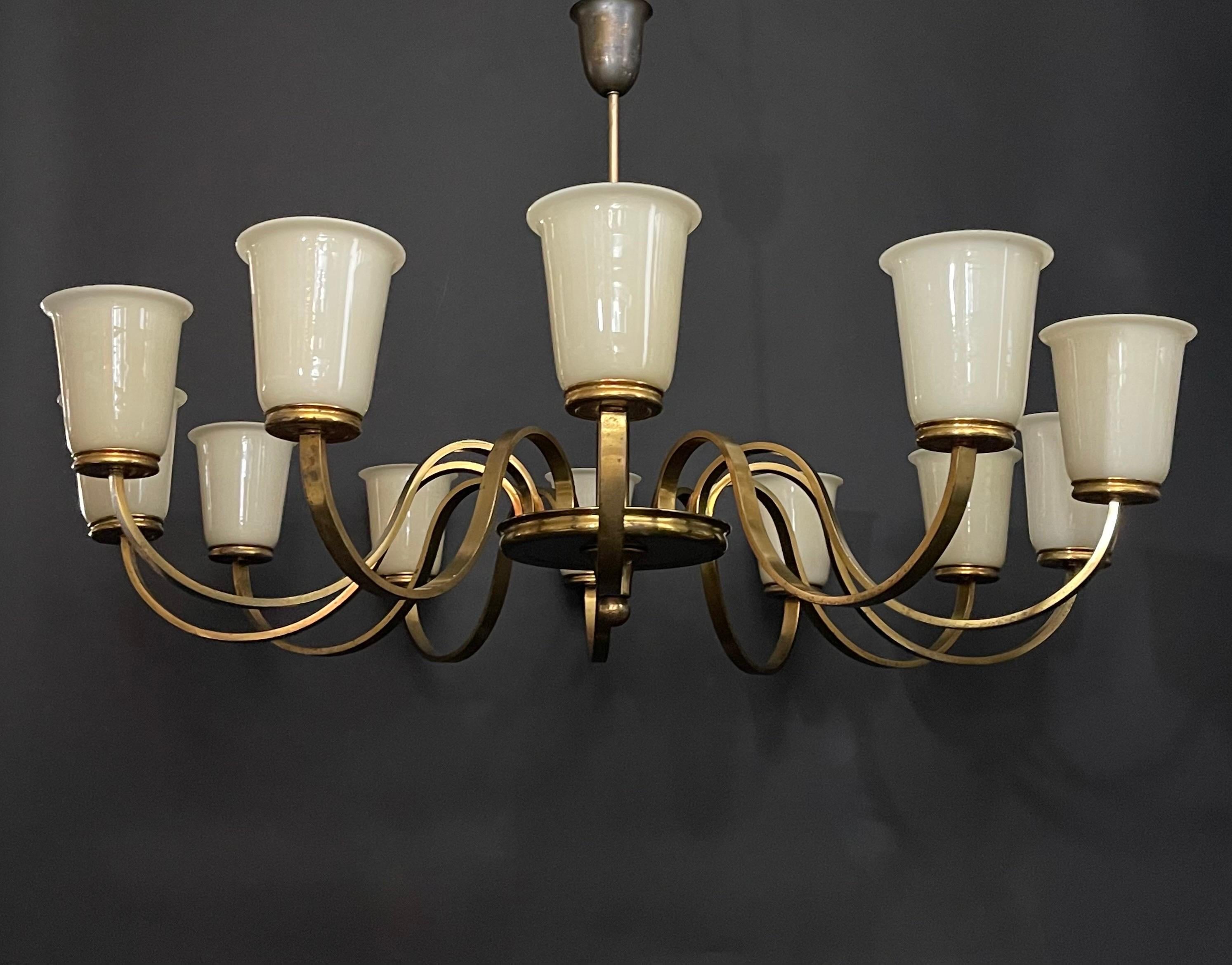 Mid-20th Century Huge German Art Deco Brass and Opal Glass Chandelier, 1930s