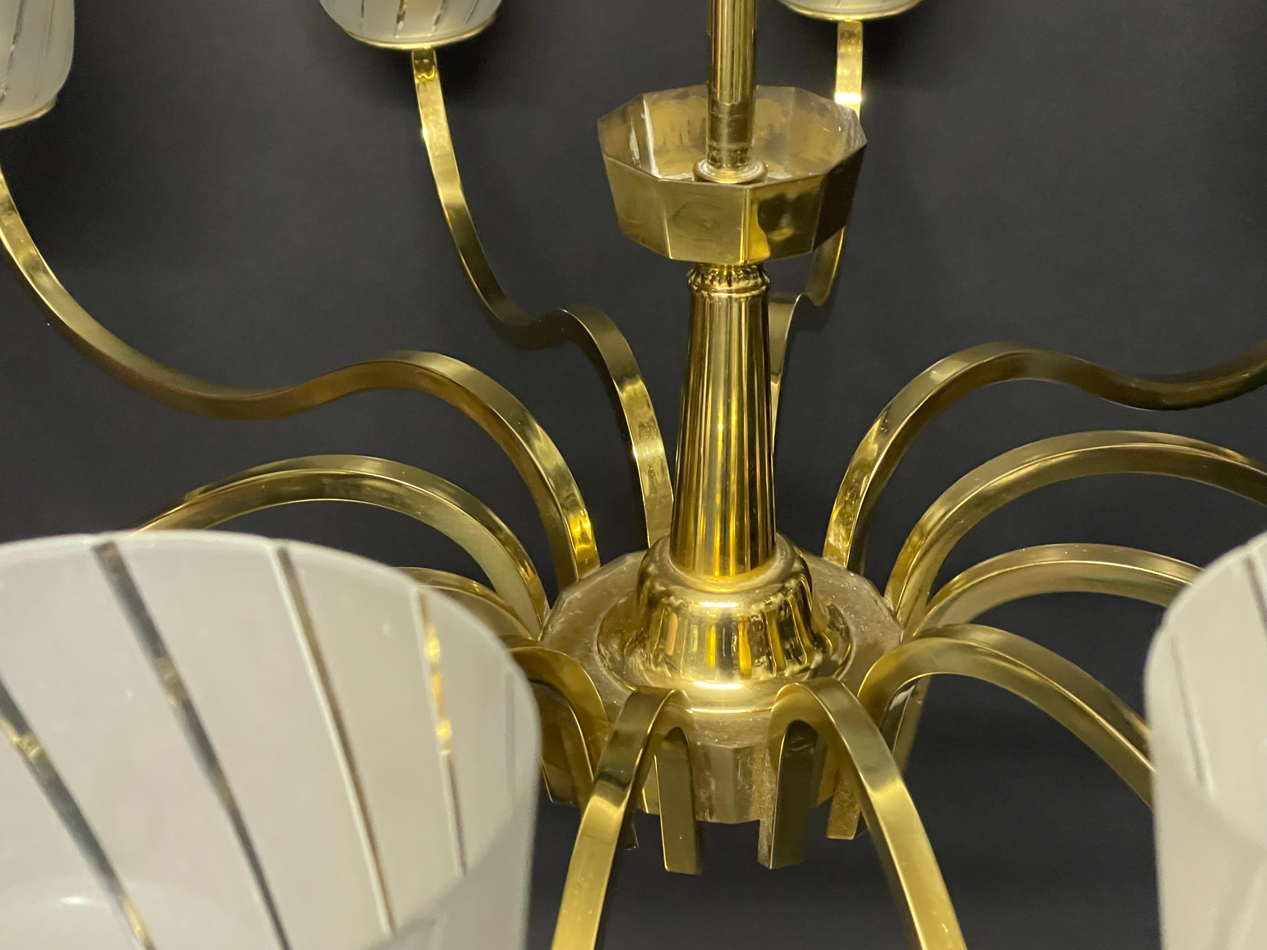 Huge German Art Deco Polished Brass and Frosted Glass Chandelier, 1940s For Sale 8